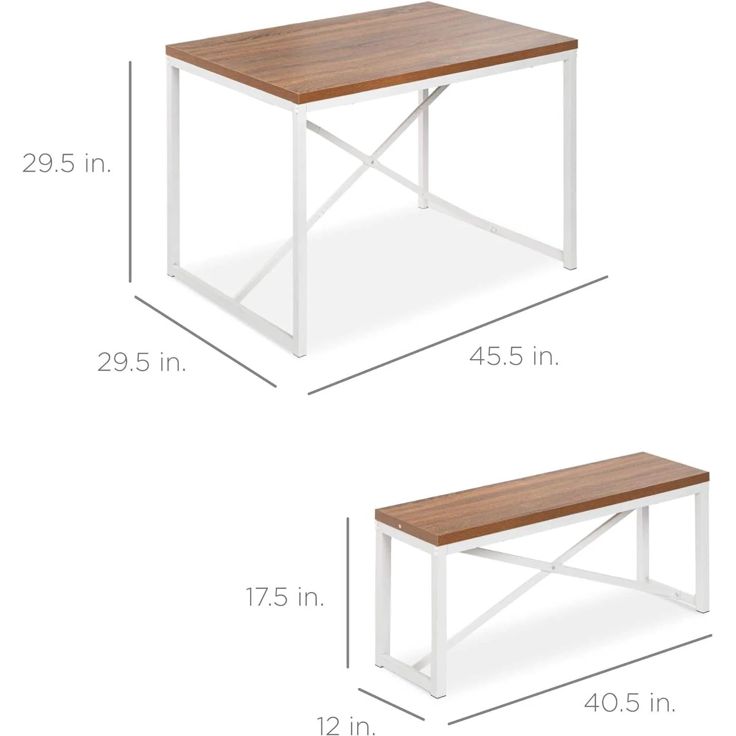 Modern 3-Piece Dining Set Wood Top White Metal Frame Table and 2 Bench Chairs - Image 5