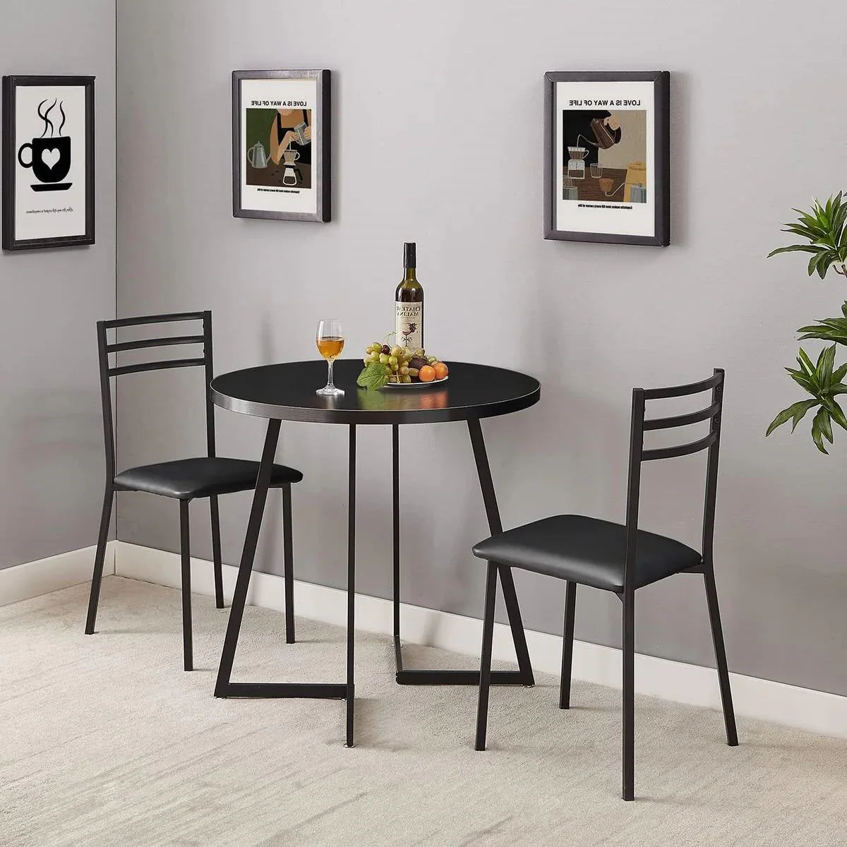 Modern 3-Piece Kitchen Dining Set with Round Black Wood-Top Table and 2 Chairs - Image 2