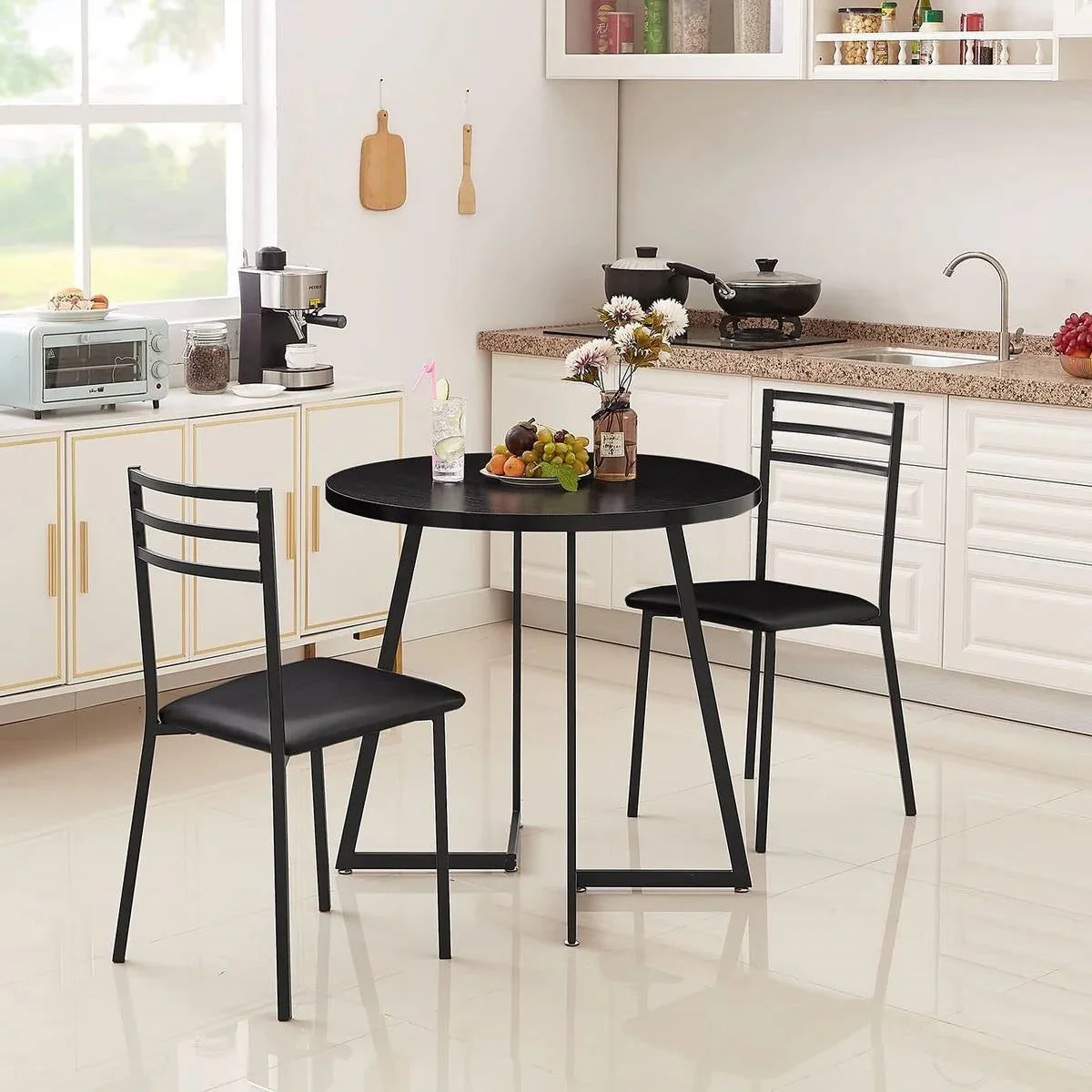 Modern 3-Piece Kitchen Dining Set with Round Black Wood-Top Table and 2 Chairs - Image 3