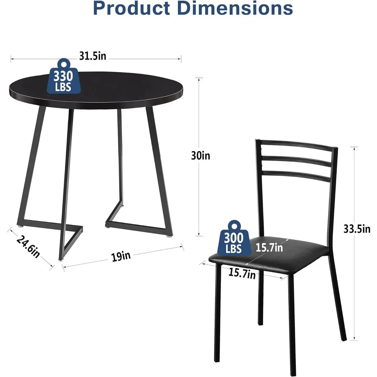 Modern 3-Piece Kitchen Dining Set with Round Black Wood-Top Table and 2 Chairs - Image 5