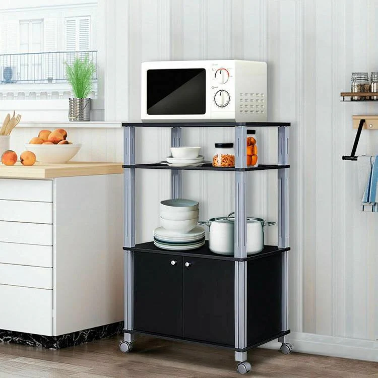 Modern 3-Shelf Kitchen Baker’s Rack Cart on Wheels in Black Wood Finish - Image 3