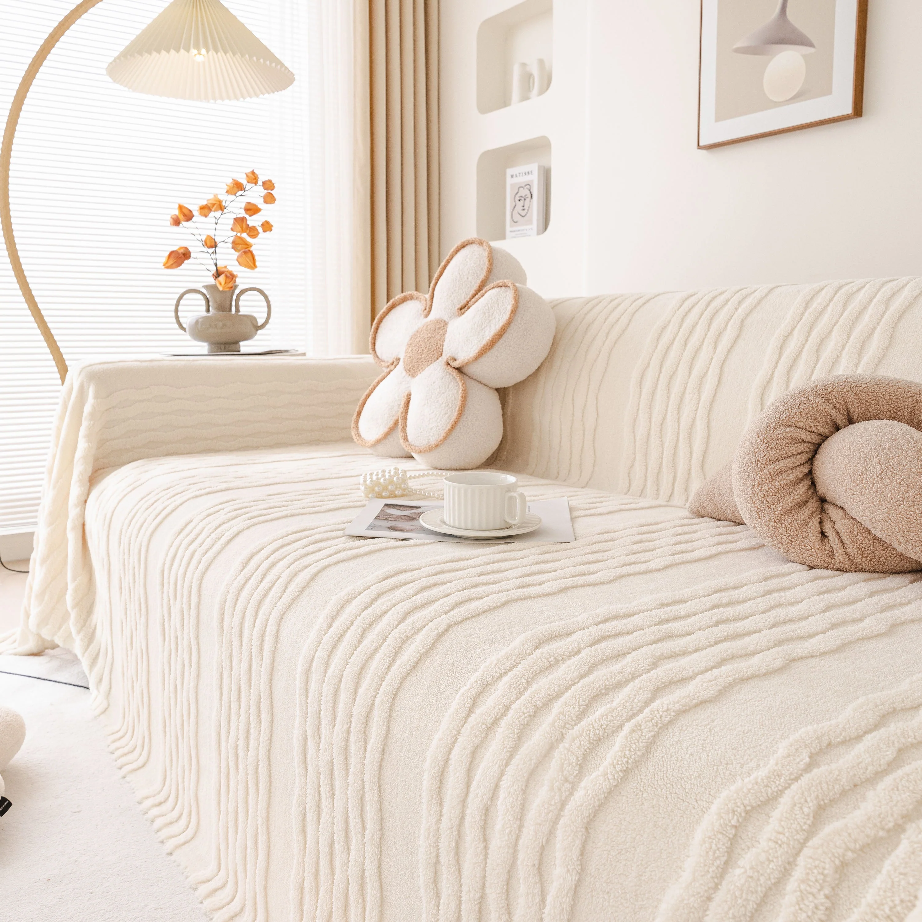 Modern 3D Water Ripple Sofa Cover, Non-Shedding Cream Style Furniture Protector Throw - Image 21