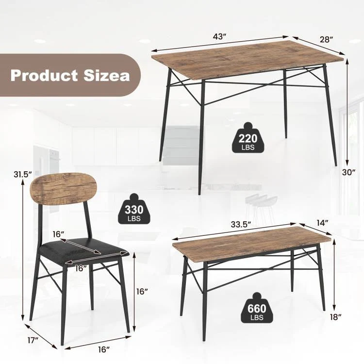 Modern 4-Piece Dining Set with Wood Top Table 2 Chairs and Bench - Image 5