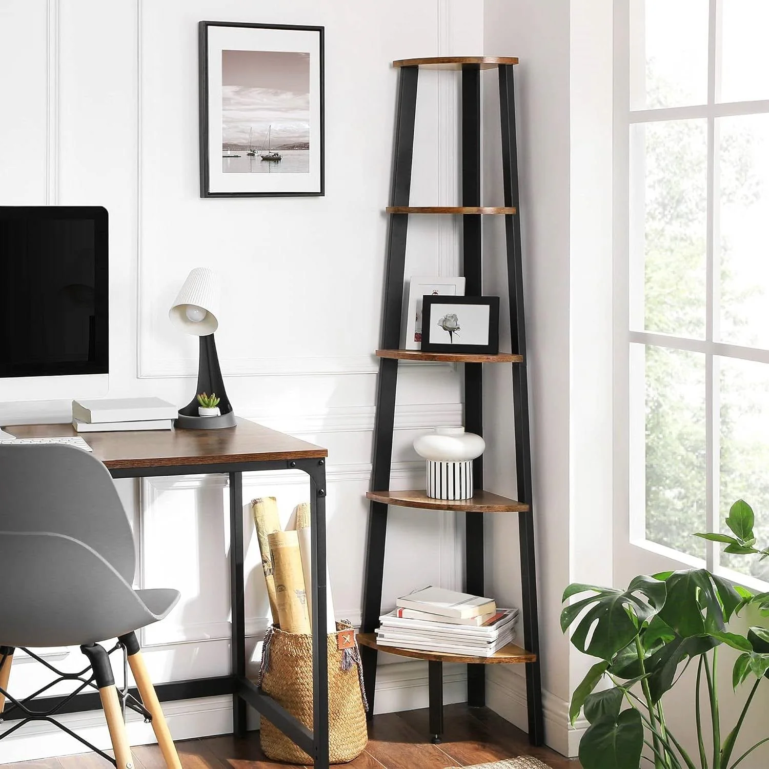 Modern 4-Shelf Brown Black Corner Shelving Unit Slim Bookcase - Image 2
