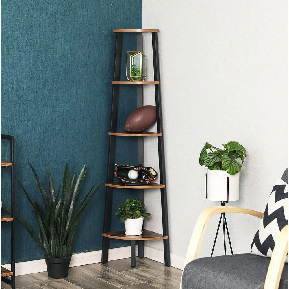Modern 4-Shelf Brown Black Corner Shelving Unit Slim Bookcase - Image 3