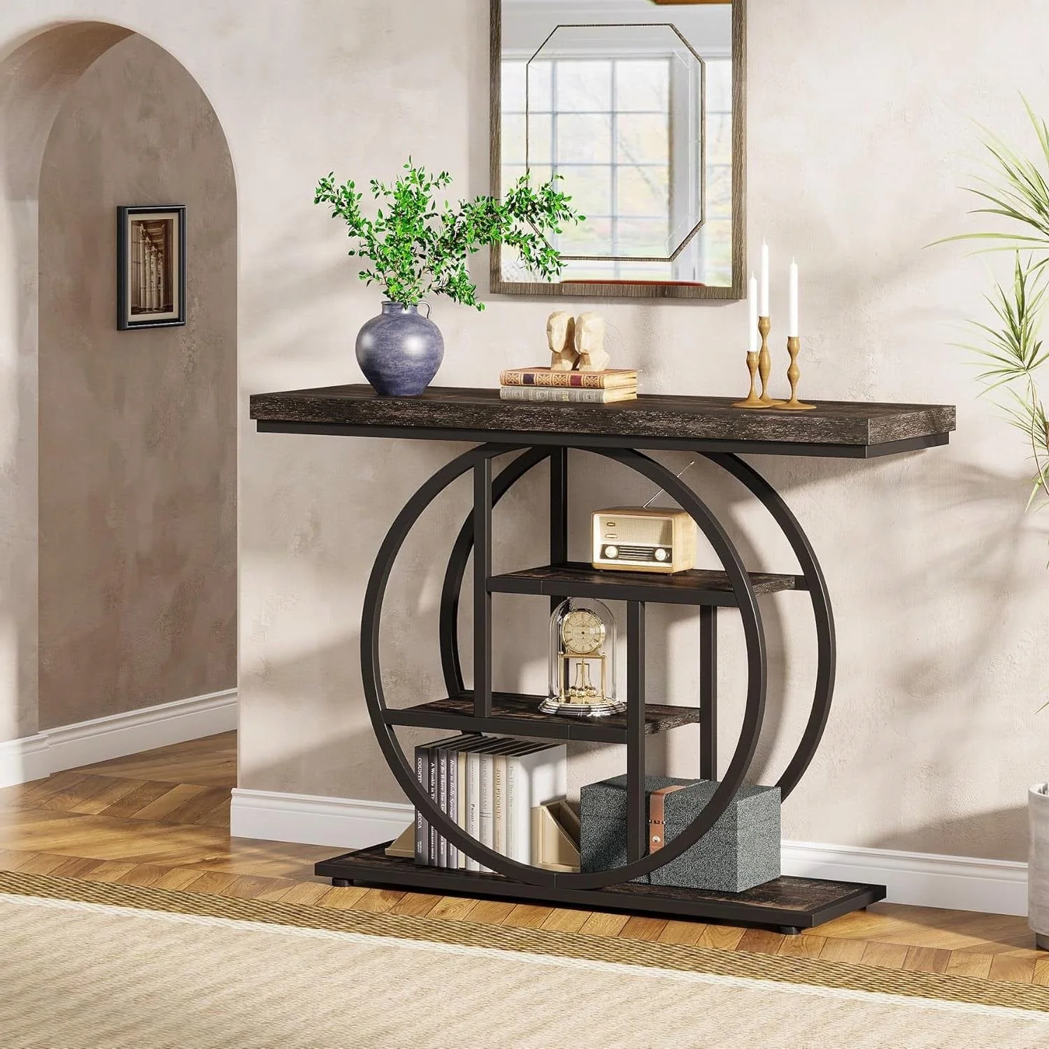 Modern 41-inch Circular Base Foyer Entryway Table with Black Wood Finish Shelves - Image 2