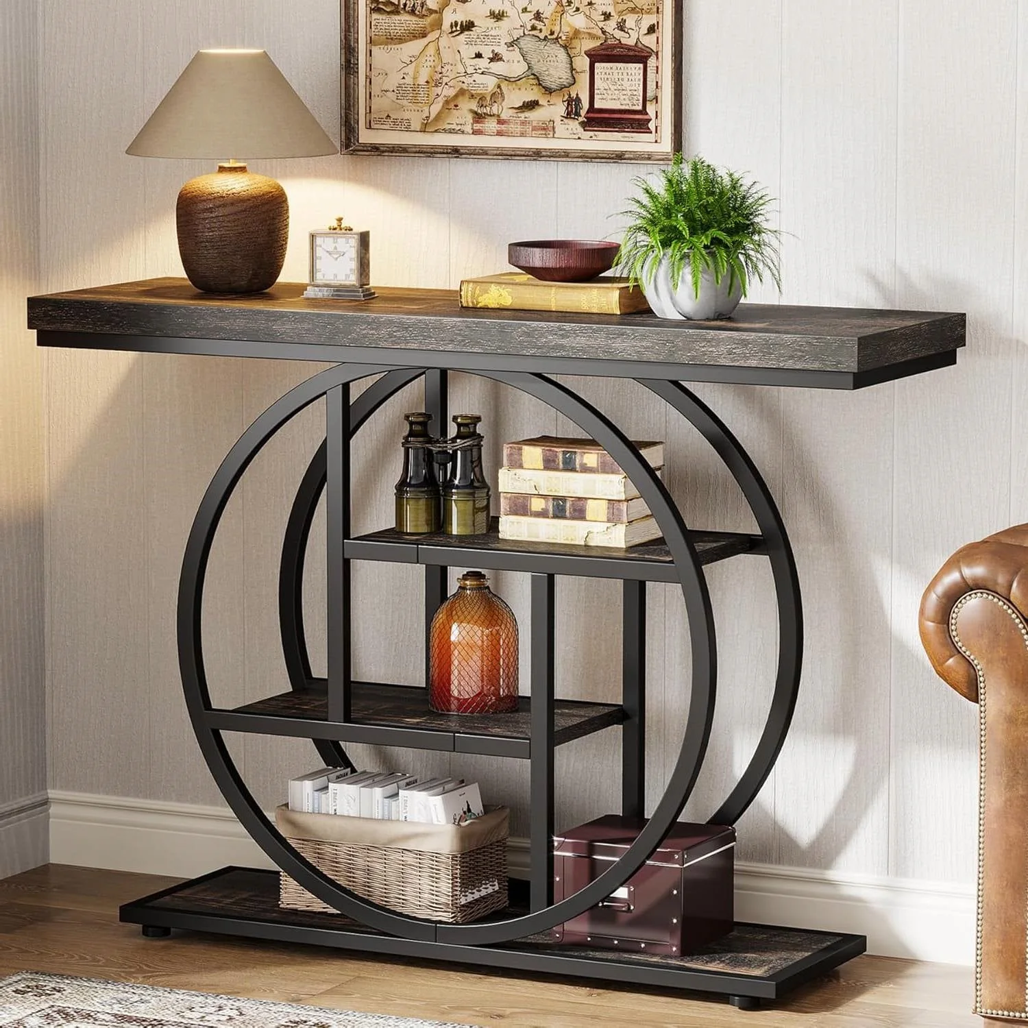 Modern 41-inch Circular Base Foyer Entryway Table with Black Wood Finish Shelves - Image 3