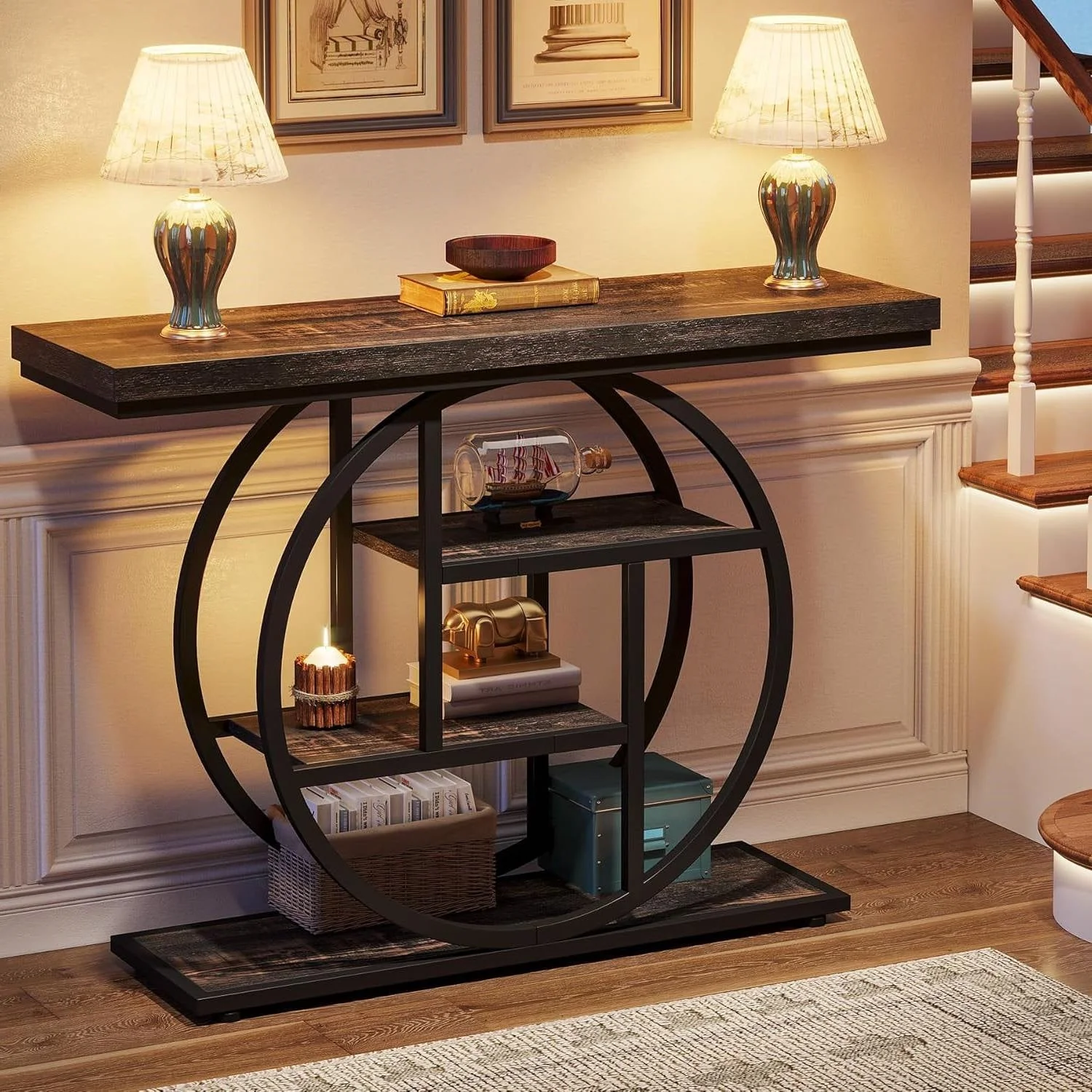 Modern 41-inch Circular Base Foyer Entryway Table with Black Wood Finish Shelves - Image 4