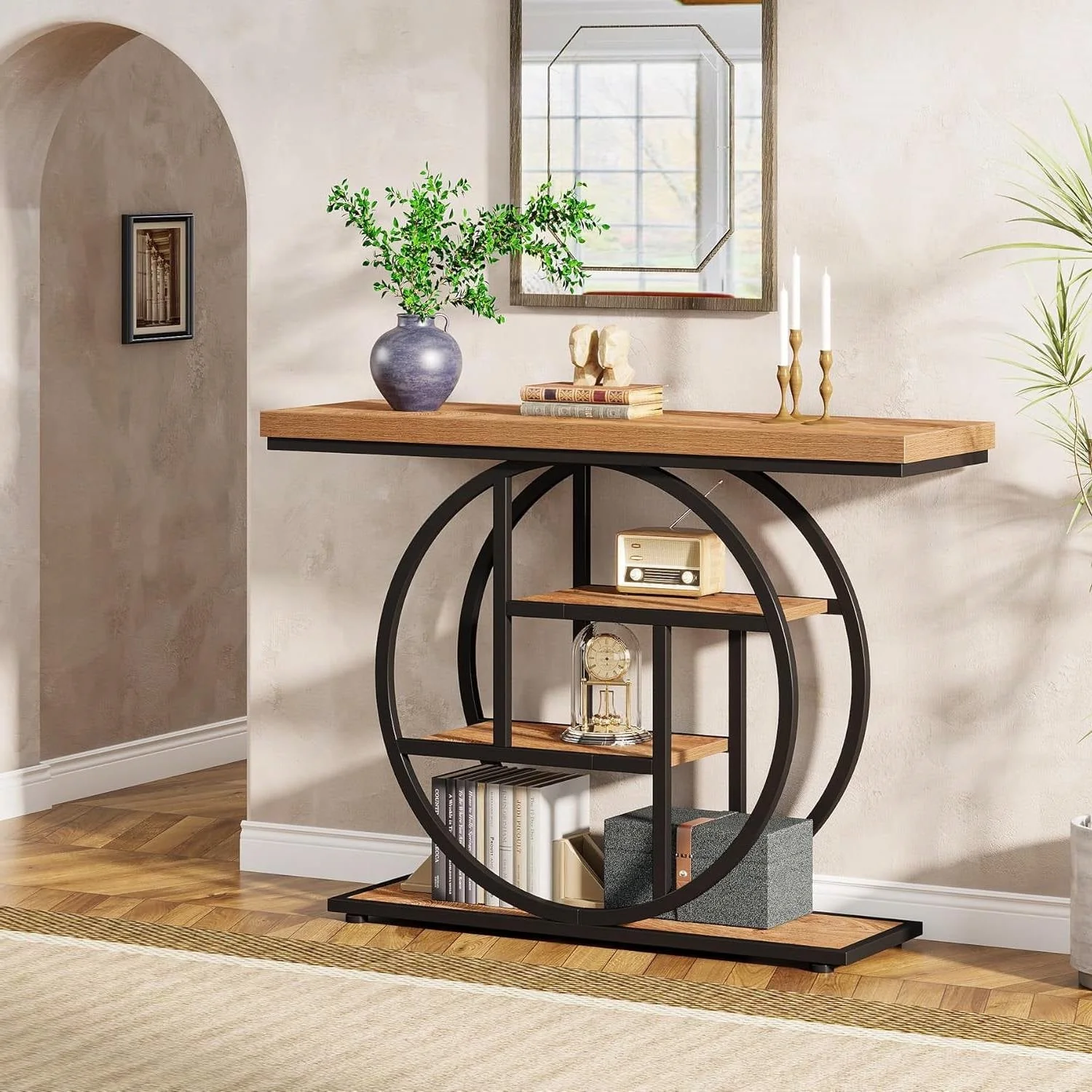 Modern 41-inch Round Base Entryway Sofa Table with Brown Wood Finish Shelves - Image 2