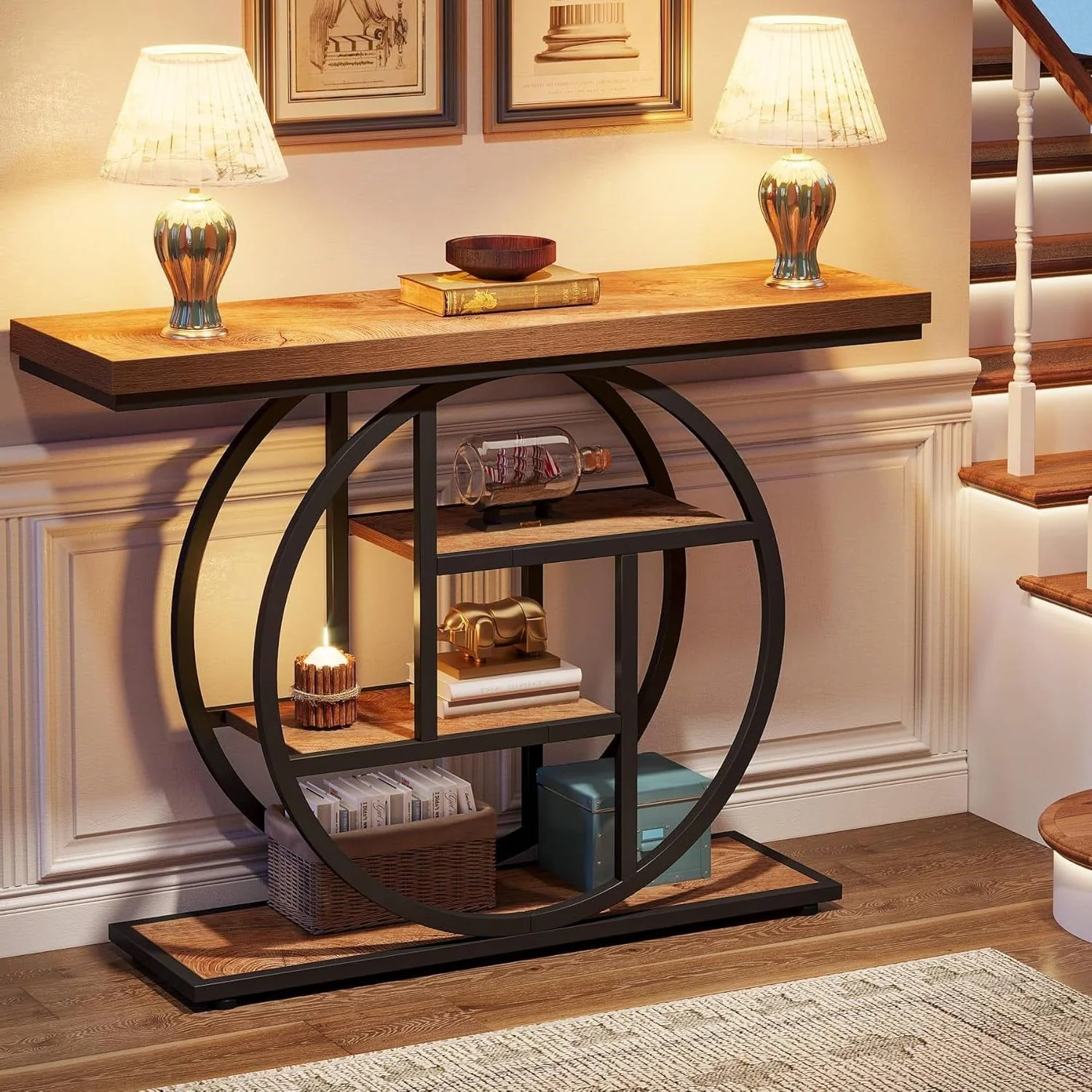 Modern 41-inch Round Base Entryway Sofa Table with Brown Wood Finish Shelves - Image 3