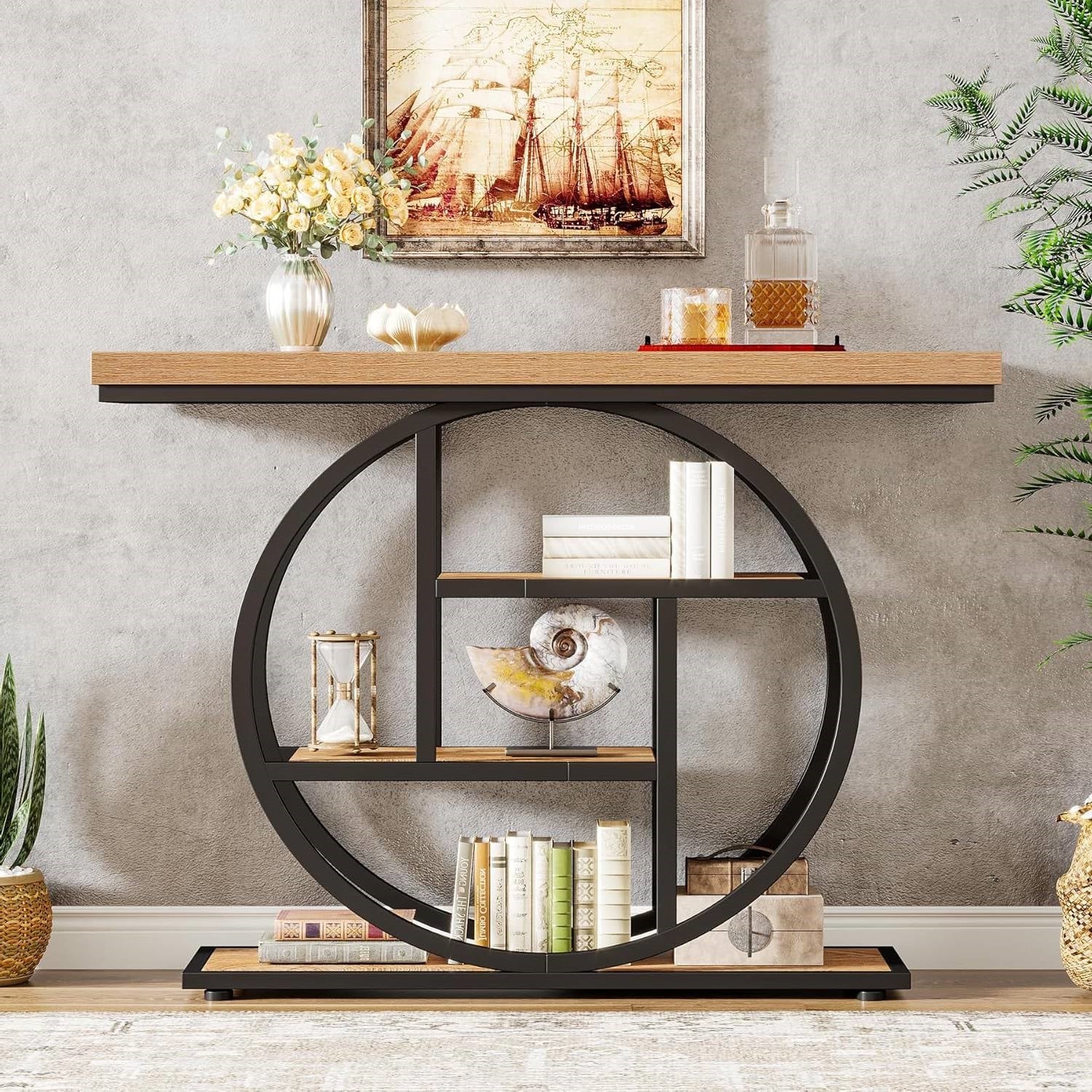 Modern 41-inch Round Base Entryway Sofa Table with Brown Wood Finish Shelves - Image 4