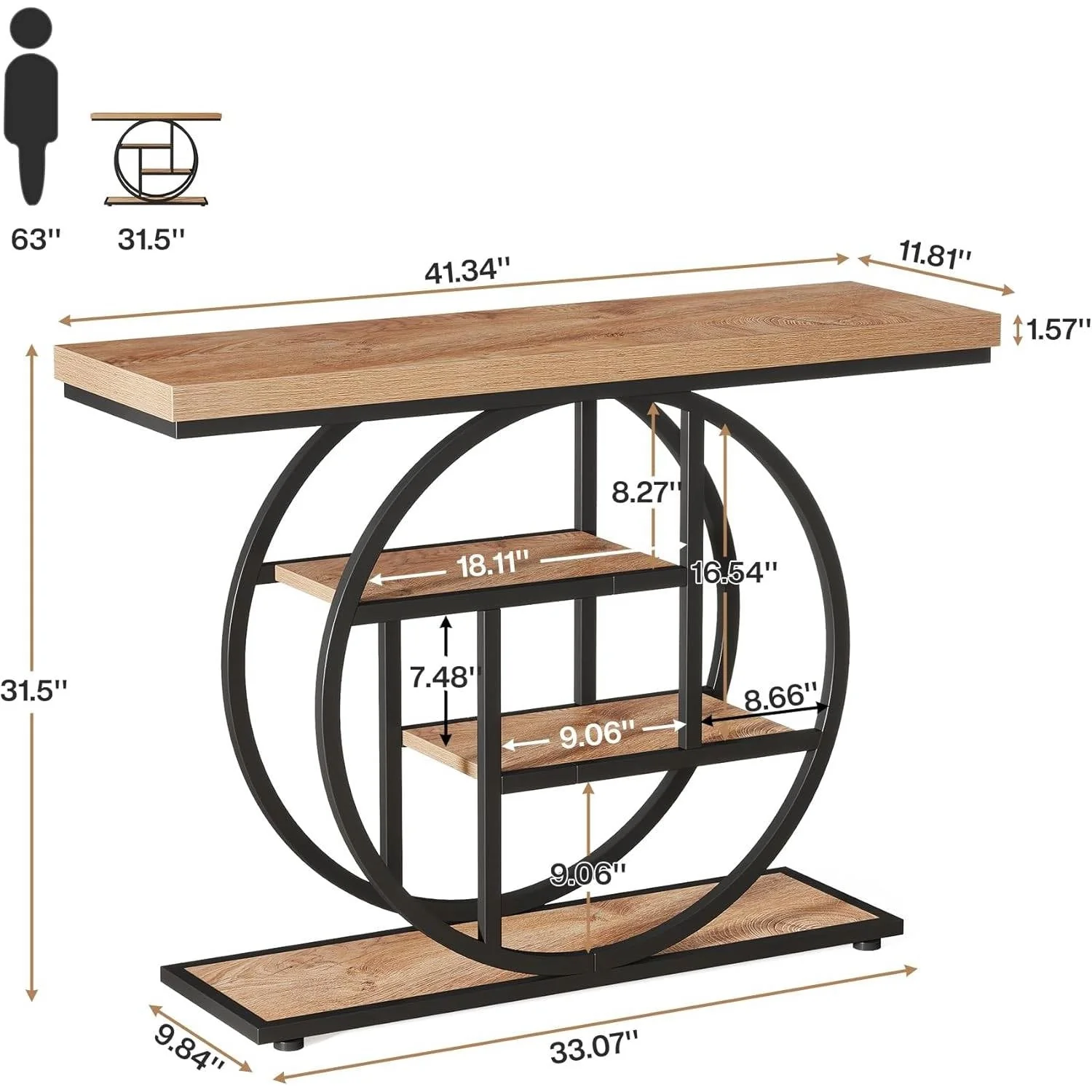 Modern 41-inch Round Base Entryway Sofa Table with Brown Wood Finish Shelves - Image 5
