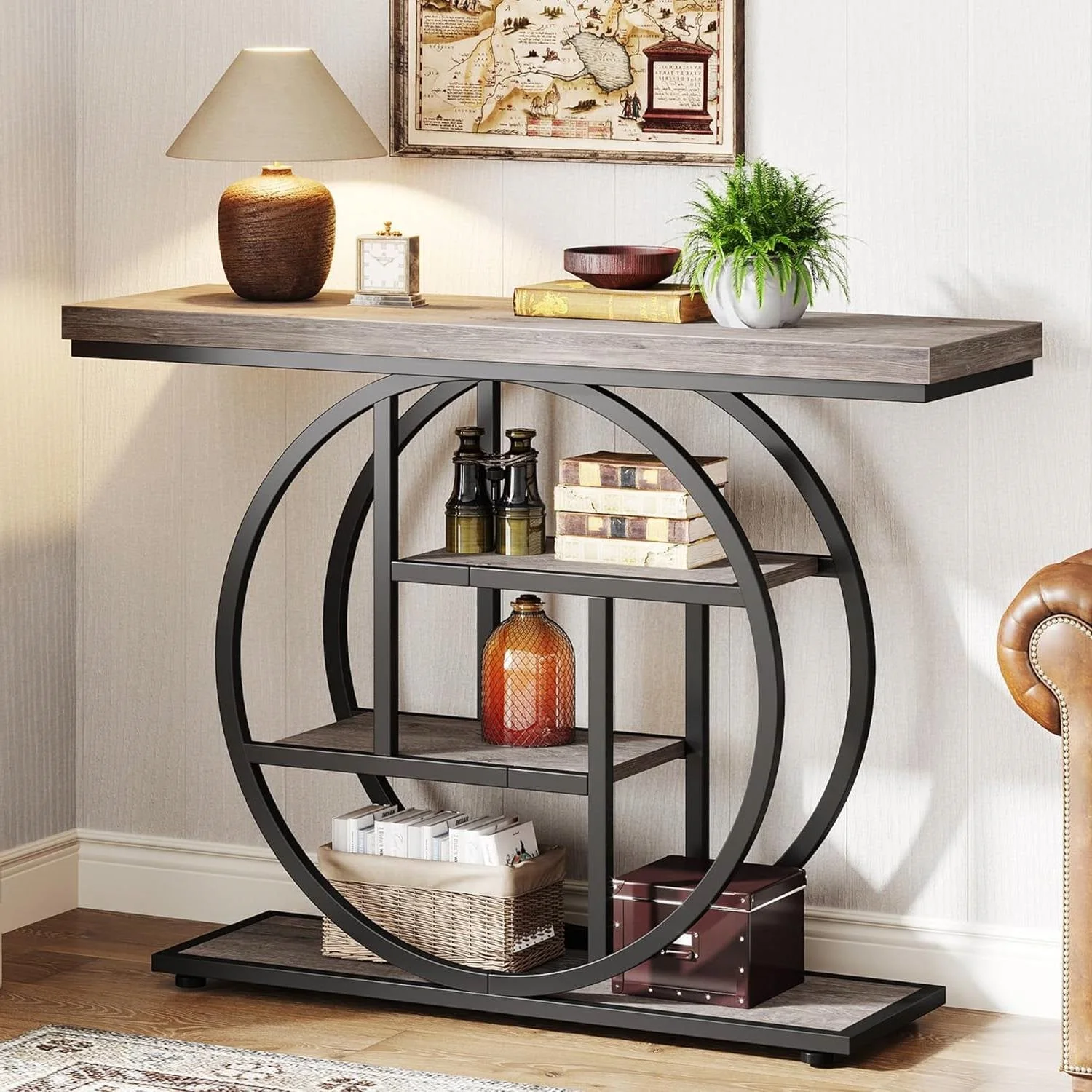 Modern 41-inch Wide Narrow Entryway Console Table with Grey Wood Finish Shelves - Image 2