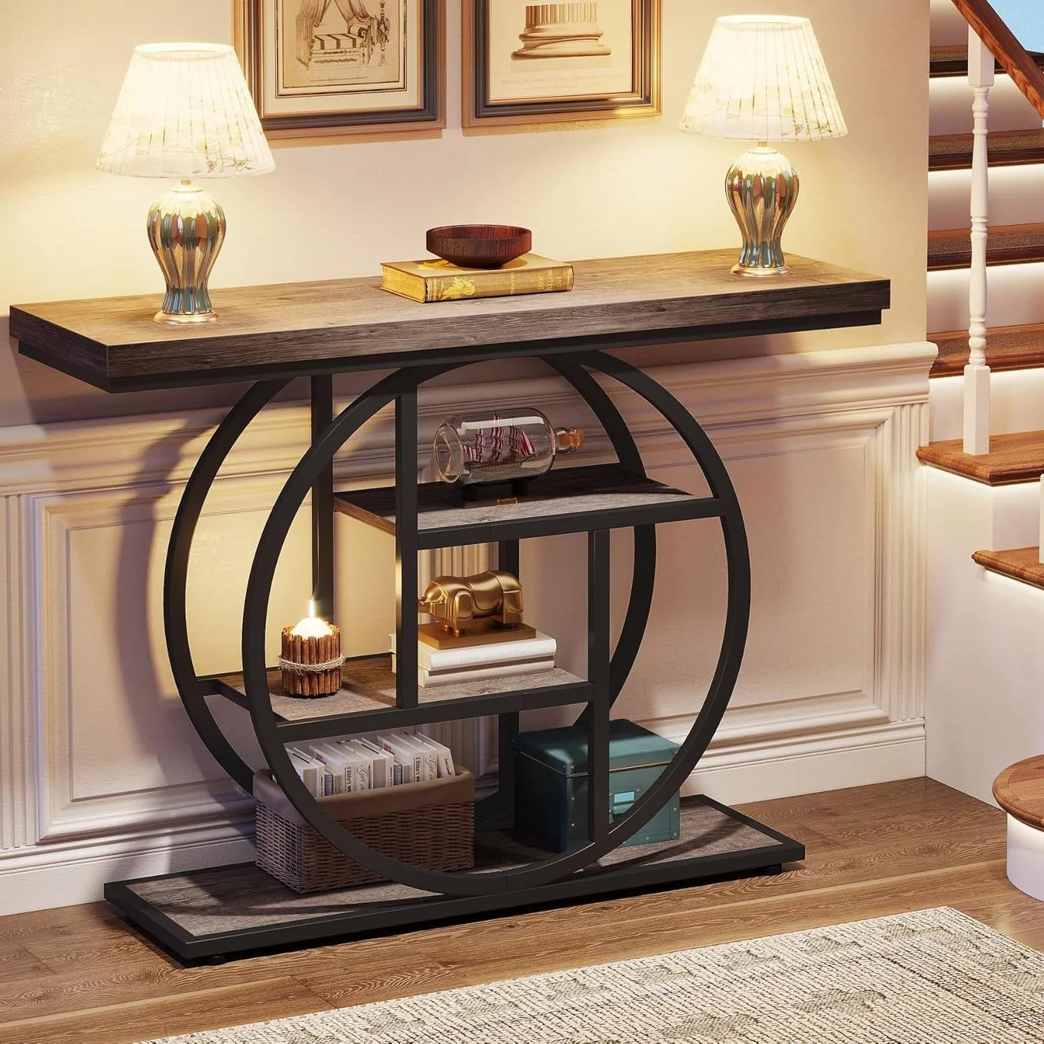 Modern 41-inch Wide Narrow Entryway Console Table with Grey Wood Finish Shelves - Image 3