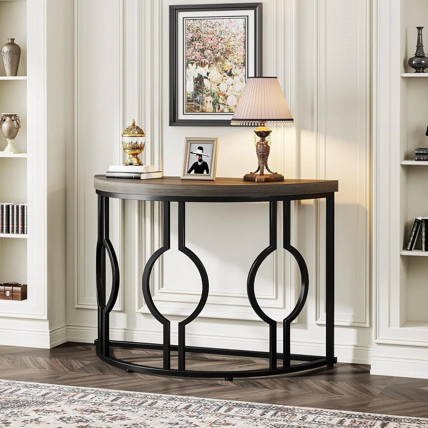 Modern 43-inch Half Moon Accent Sofa Table with Grey Wood Top Black Frame - Image 2