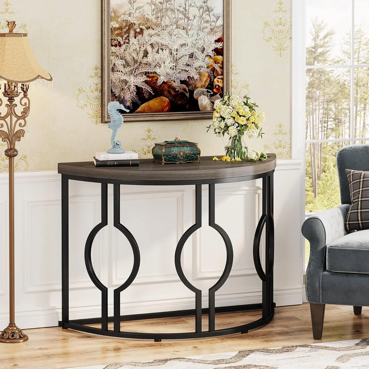 Modern 43-inch Half Moon Accent Sofa Table with Grey Wood Top Black Frame - Image 3