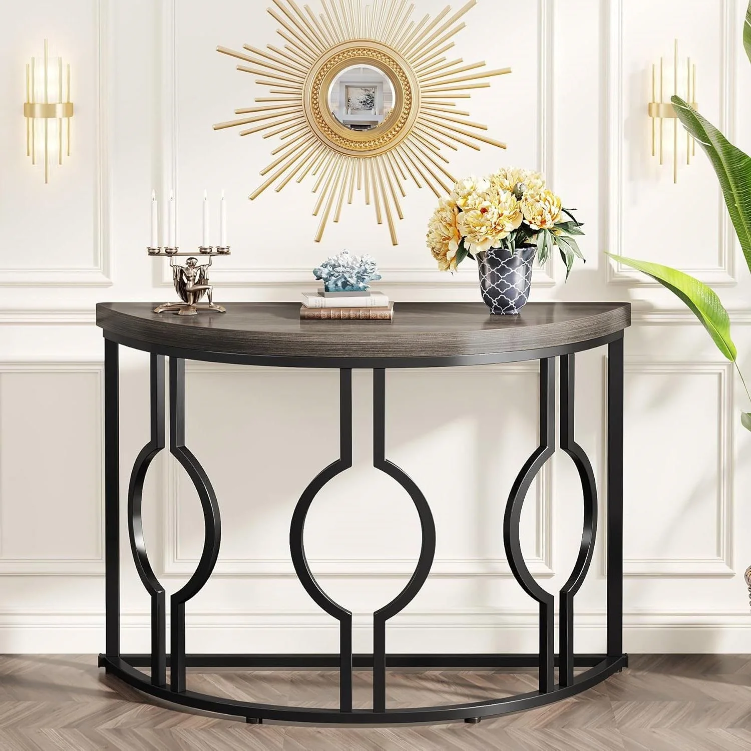 Modern 43-inch Half Moon Accent Sofa Table with Grey Wood Top Black Frame - Image 4