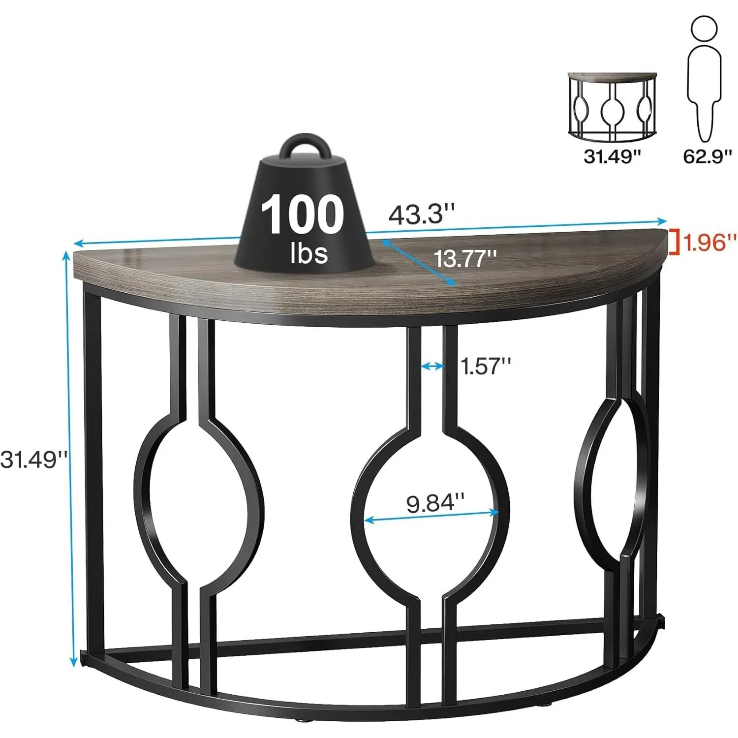 Modern 43-inch Half Moon Accent Sofa Table with Grey Wood Top Black Frame - Image 5