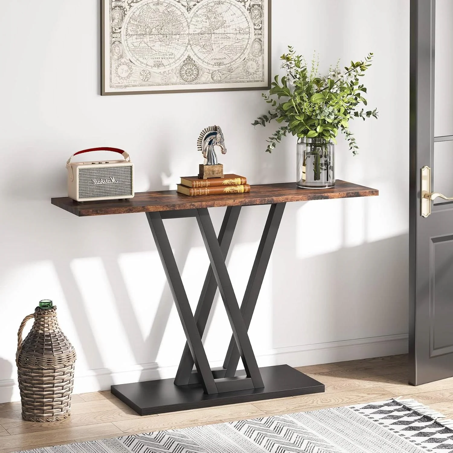 Modern 43-inch Narrow Entryway Table with Brown Wood Top and Black Metal Frame - Image 2