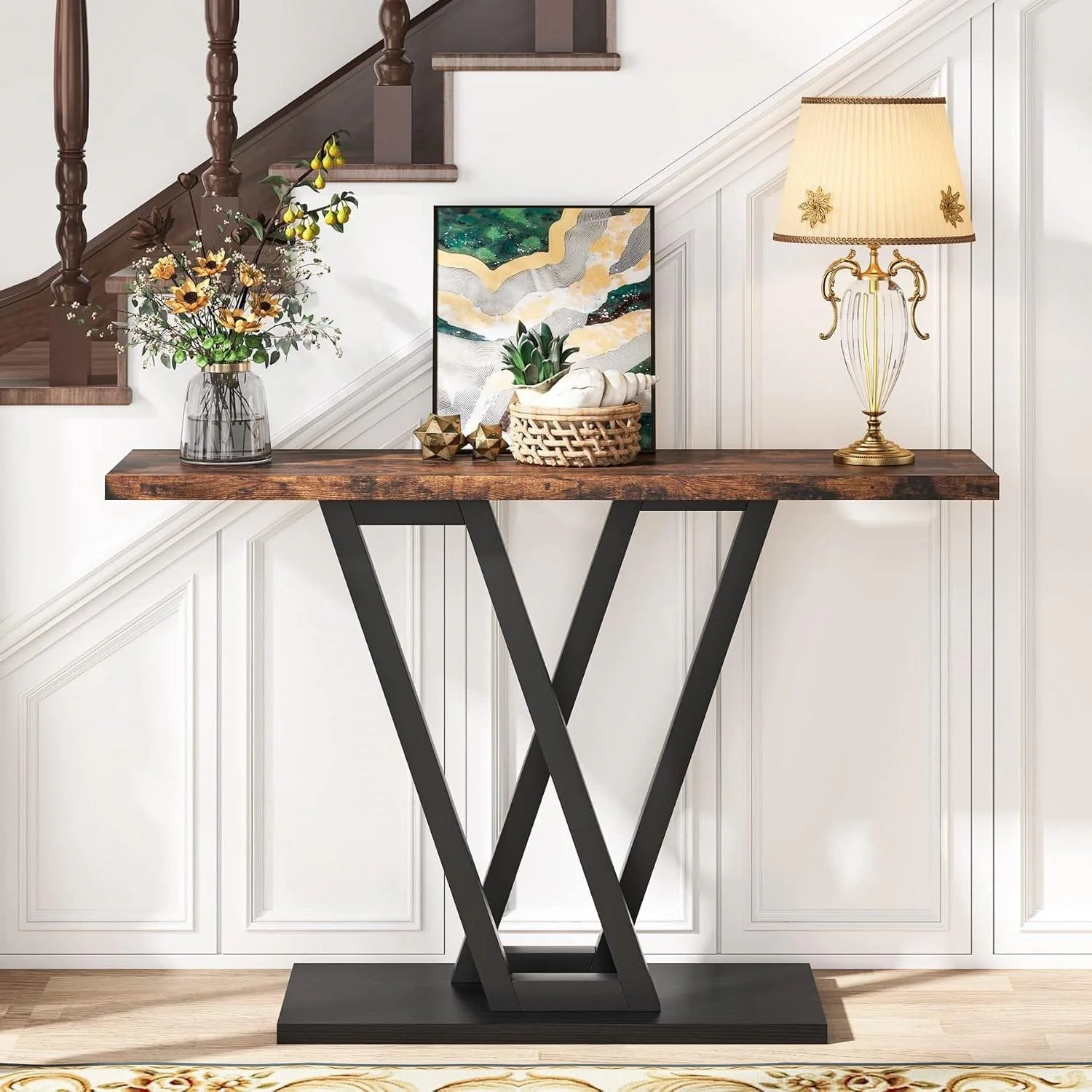 Modern 43-inch Narrow Entryway Table with Brown Wood Top and Black Metal Frame - Image 3