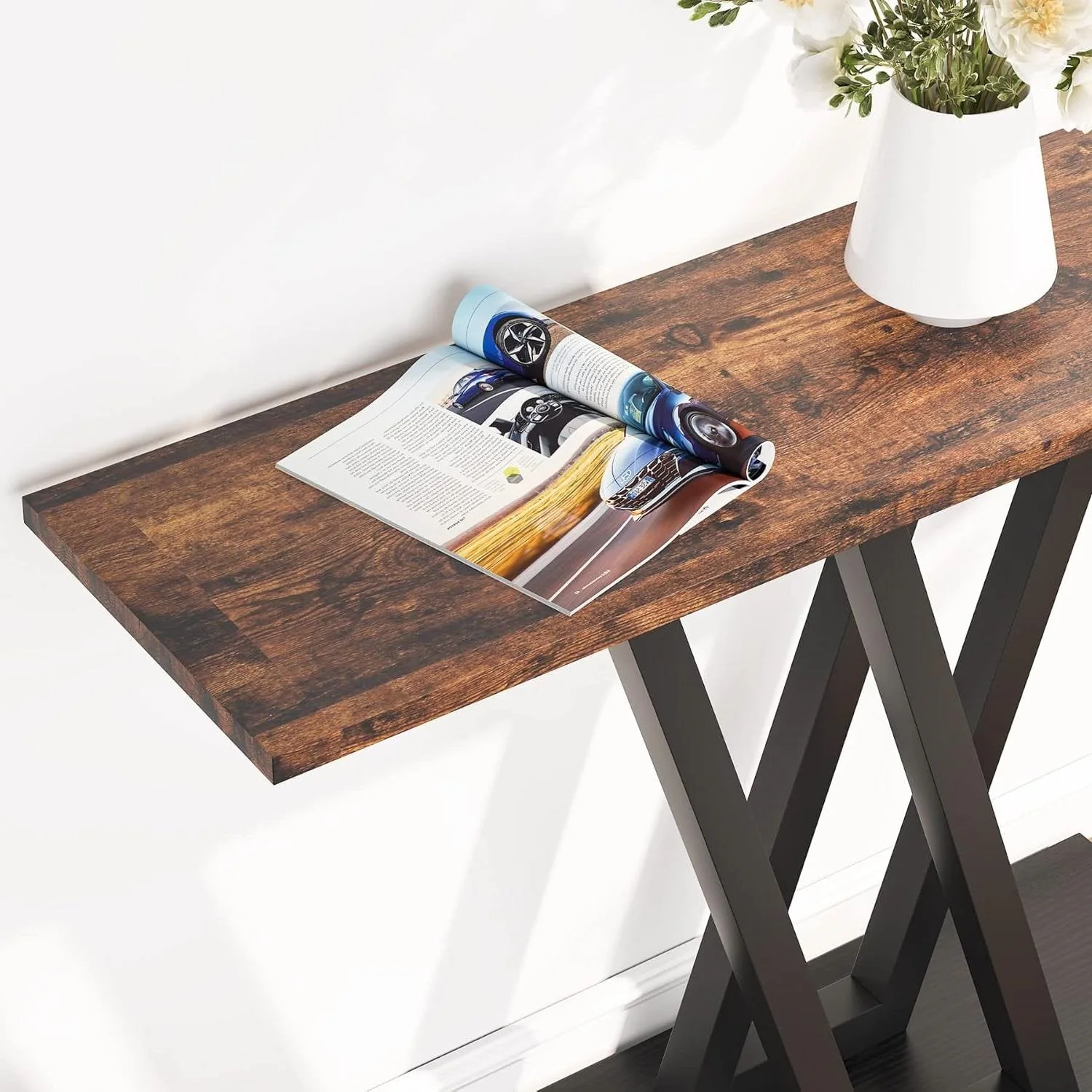 Modern 43-inch Narrow Entryway Table with Brown Wood Top and Black Metal Frame - Image 4