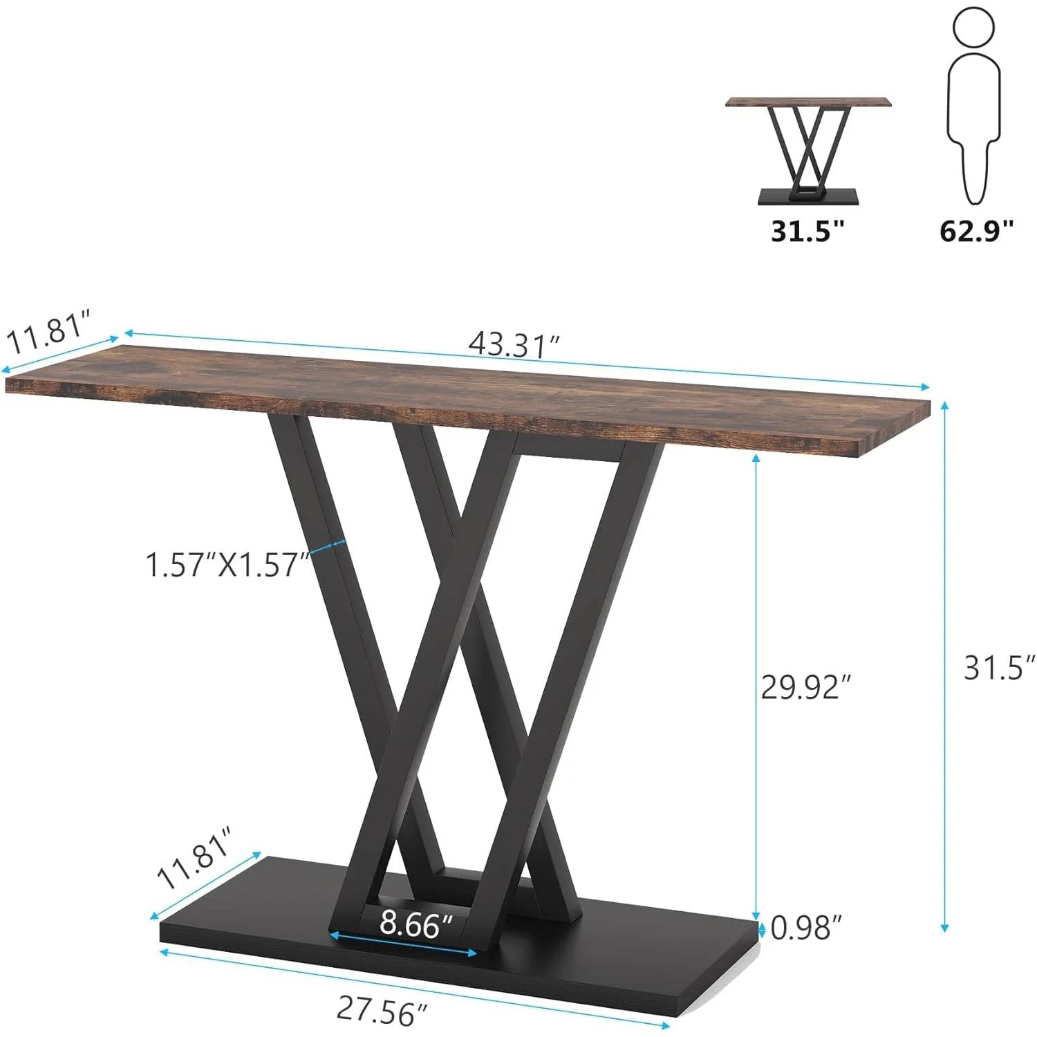 Modern 43-inch Narrow Entryway Table with Brown Wood Top and Black Metal Frame - Image 5