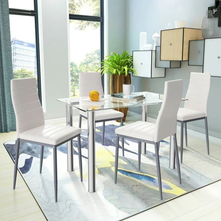 Modern 5-Piece Dining Set with Glass Top Table and 4 White PVC Leather Chairs - Image 2