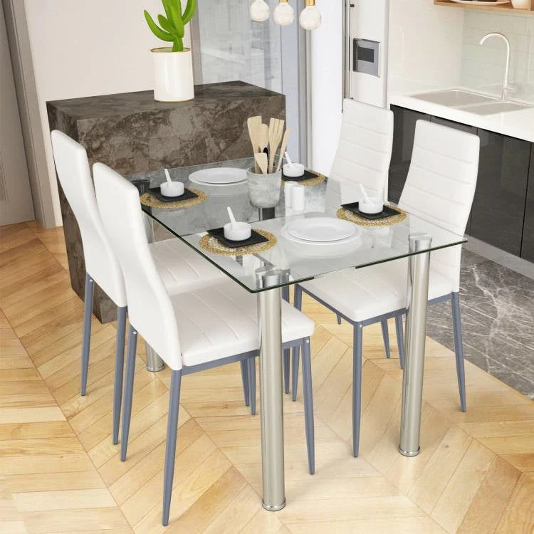 Modern 5-Piece Dining Set with Glass Top Table and 4 White PVC Leather Chairs - Image 3