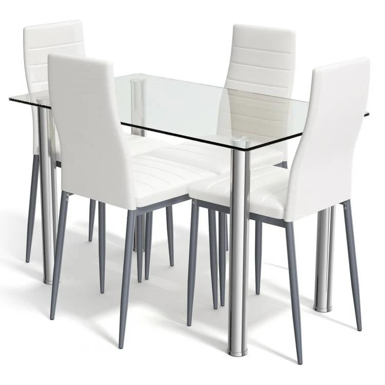 Modern 5-Piece Dining Set with Glass Top Table and 4 White PVC Leather Chairs - Image 4