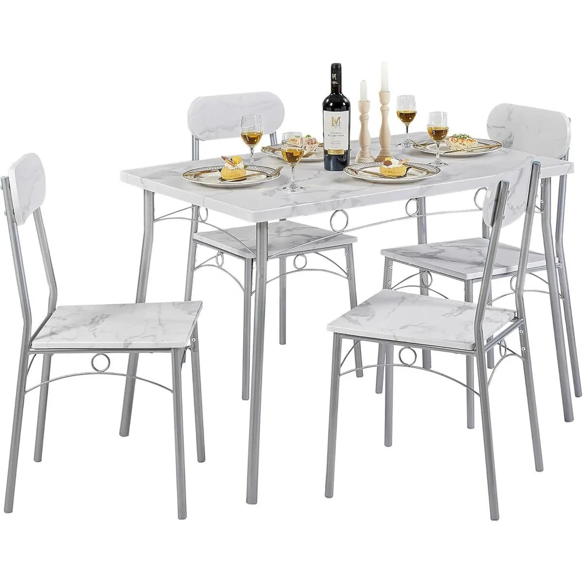 Modern 5-Piece Dining Set with White Faux Marble Top Table and 4 Chairs - Image 2