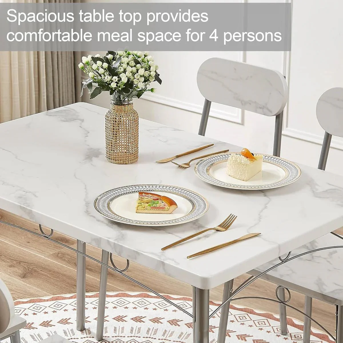 Modern 5-Piece Dining Set with White Faux Marble Top Table and 4 Chairs - Image 3
