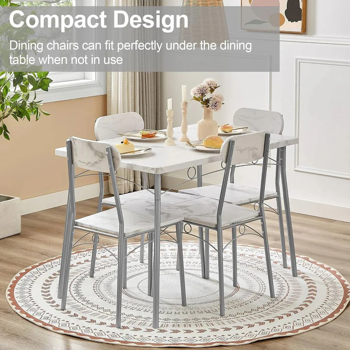 Modern 5-Piece Dining Set with White Faux Marble Top Table and 4 Chairs - Image 4