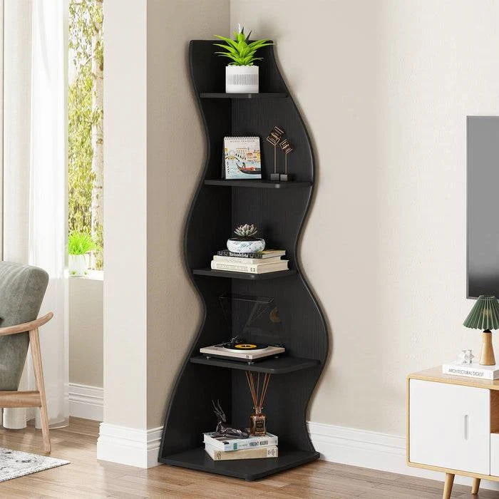 Modern 5 Shelf Corner Bookcase in Black Wood Finish - Image 3