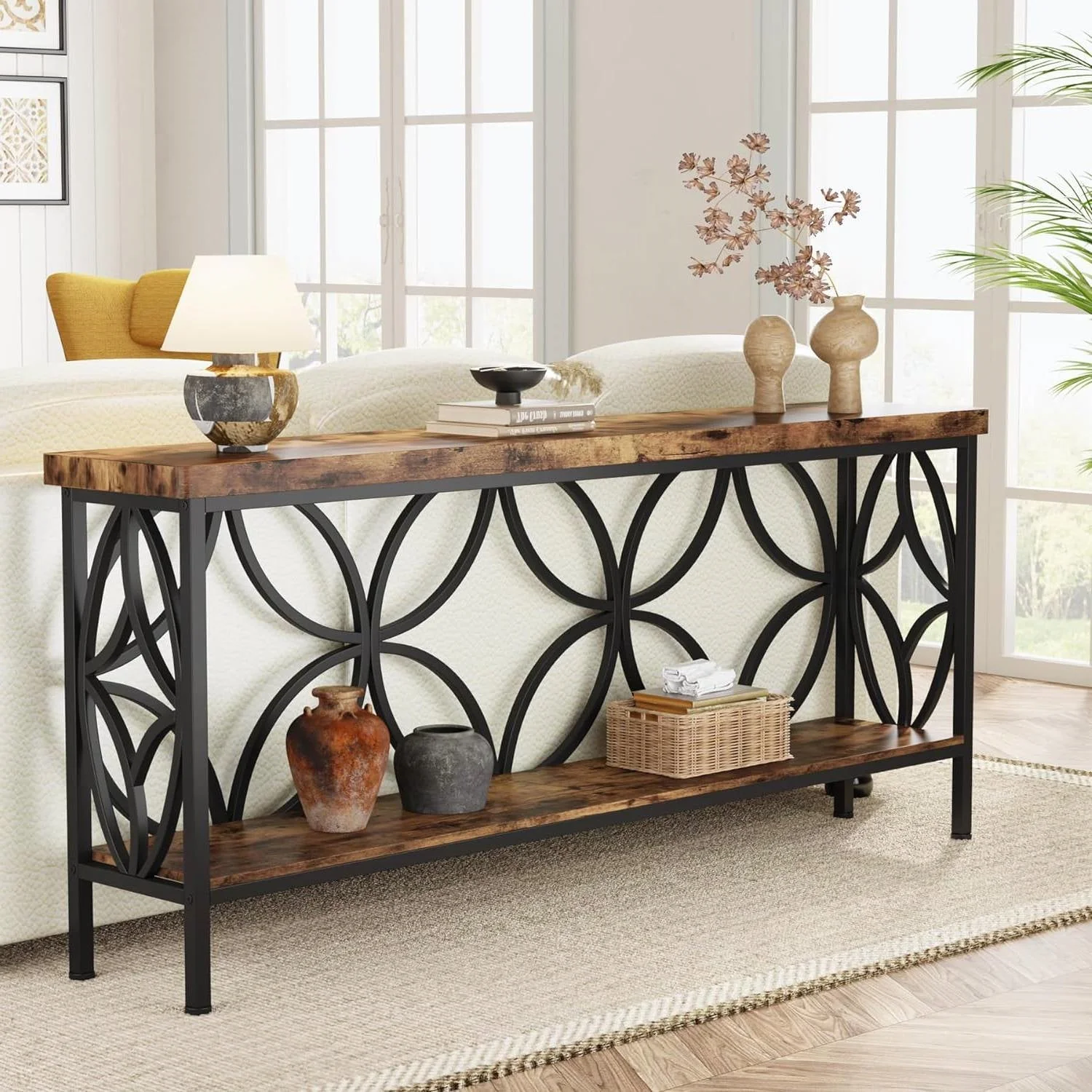 Modern 70-inch Long Narrow Console Sofa Table with Brown Wood Top and Shelf - Image 2