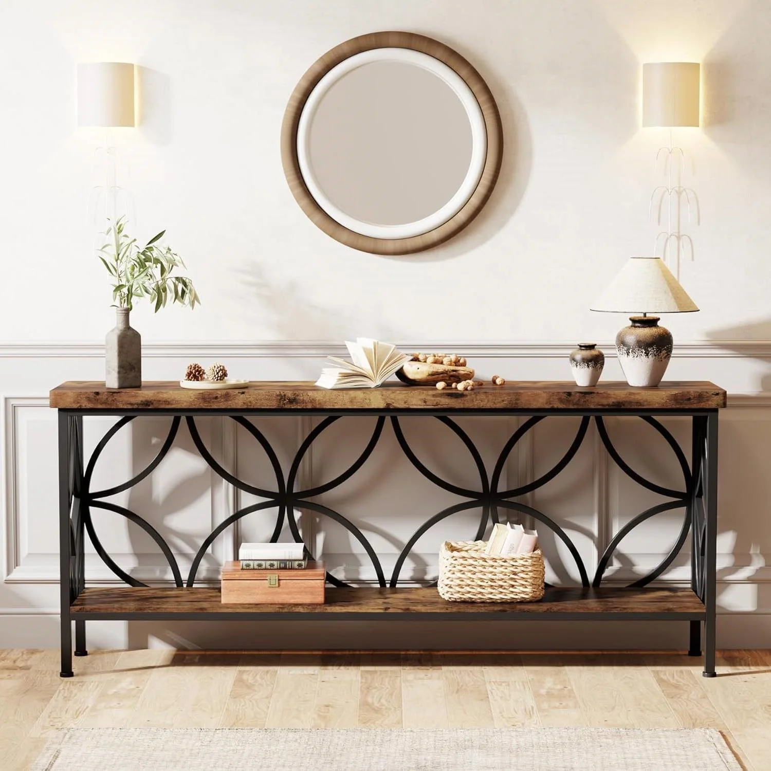 Modern 70-inch Long Narrow Console Sofa Table with Brown Wood Top and Shelf - Image 3