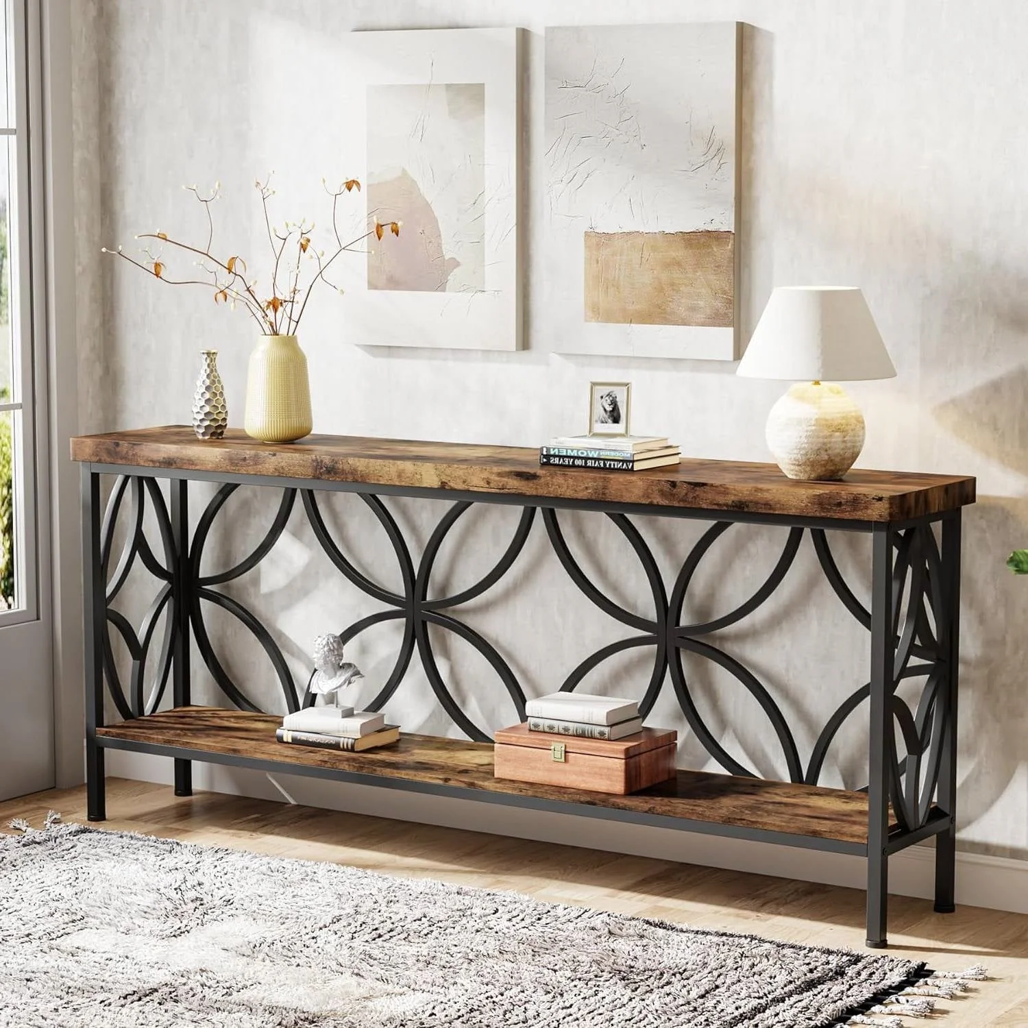 Modern 70-inch Long Narrow Console Sofa Table with Brown Wood Top and Shelf - Image 4