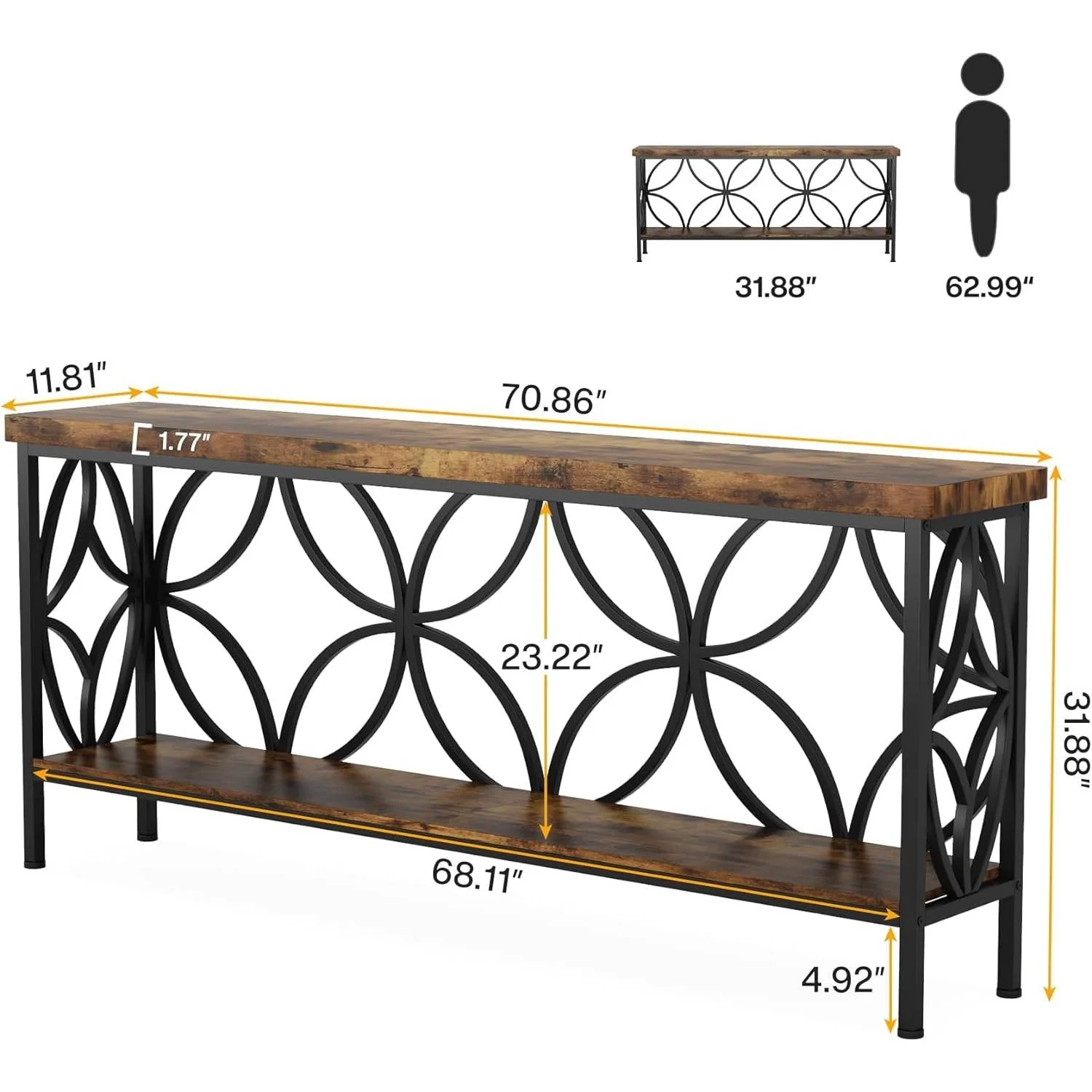 Modern 70-inch Long Narrow Console Sofa Table with Brown Wood Top and Shelf - Image 5