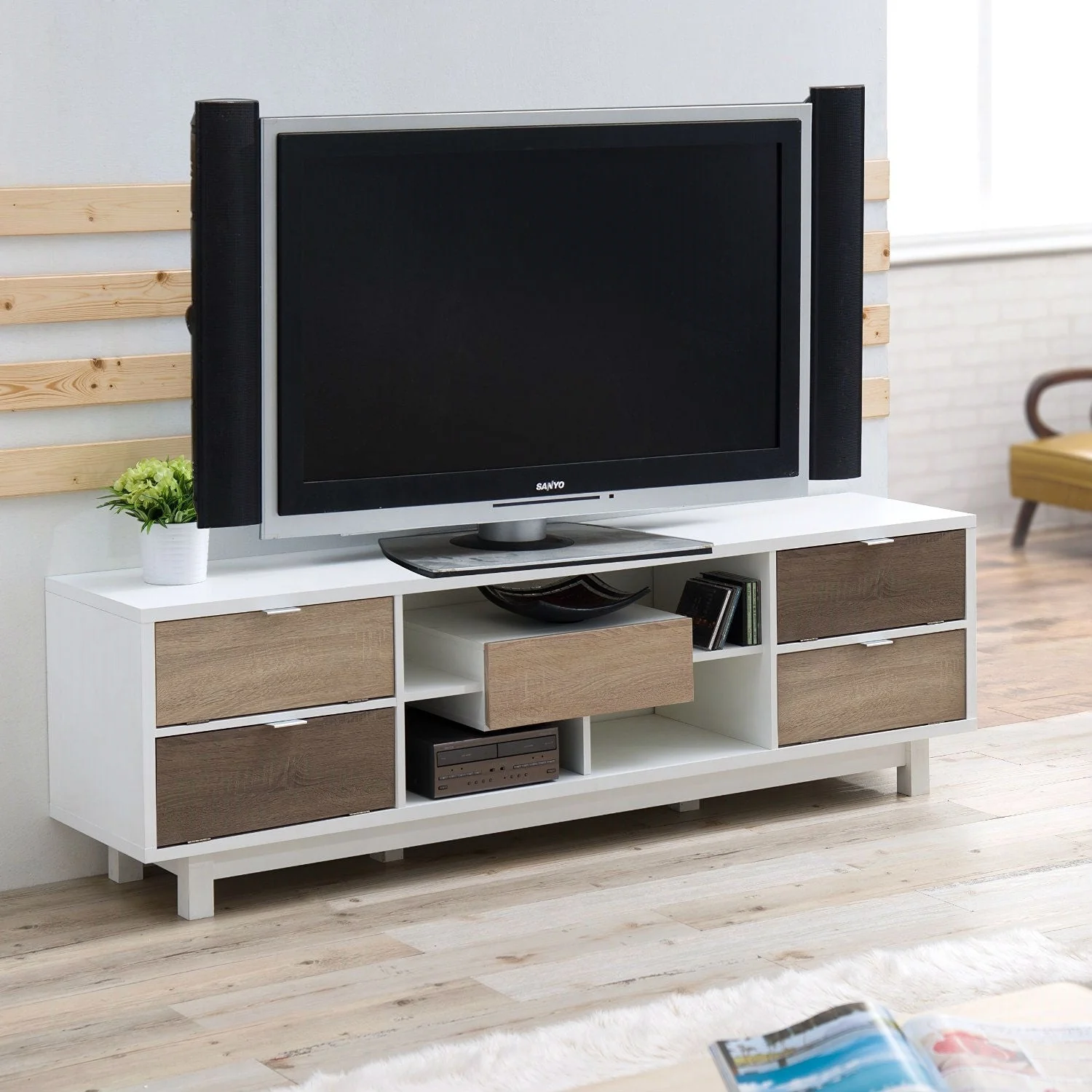 Modern 70-inch White TV Stand Entertainment Center with Natural Wood Accents - Image 3