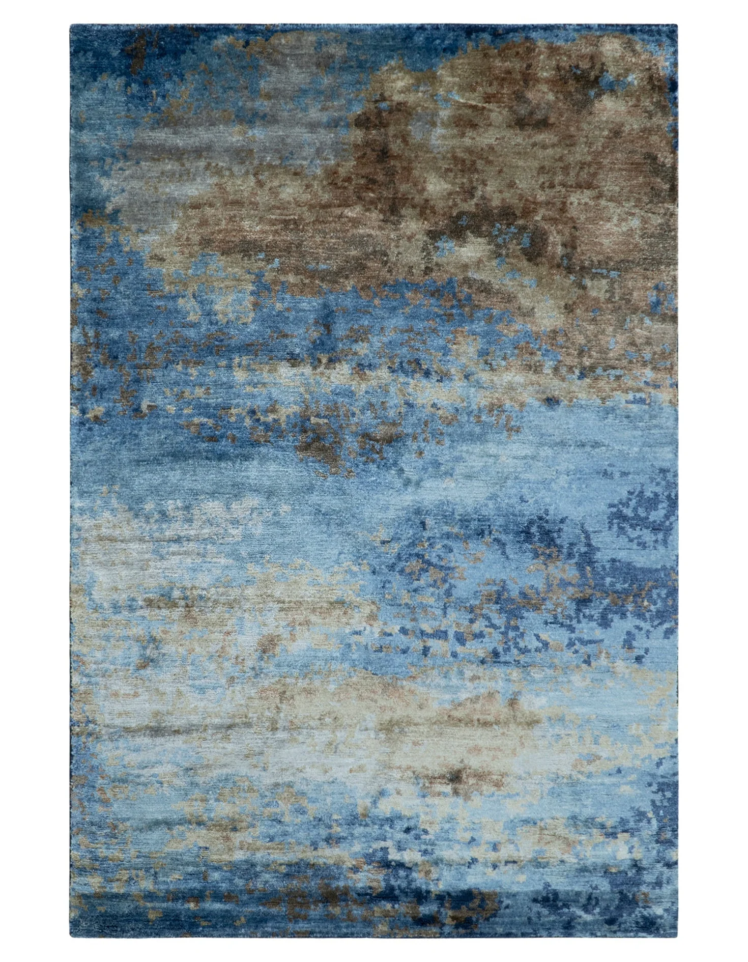 Modern Abstract Blue And Beige 4x6 Hand Knotted Bamboo Silk Rug - Image 2