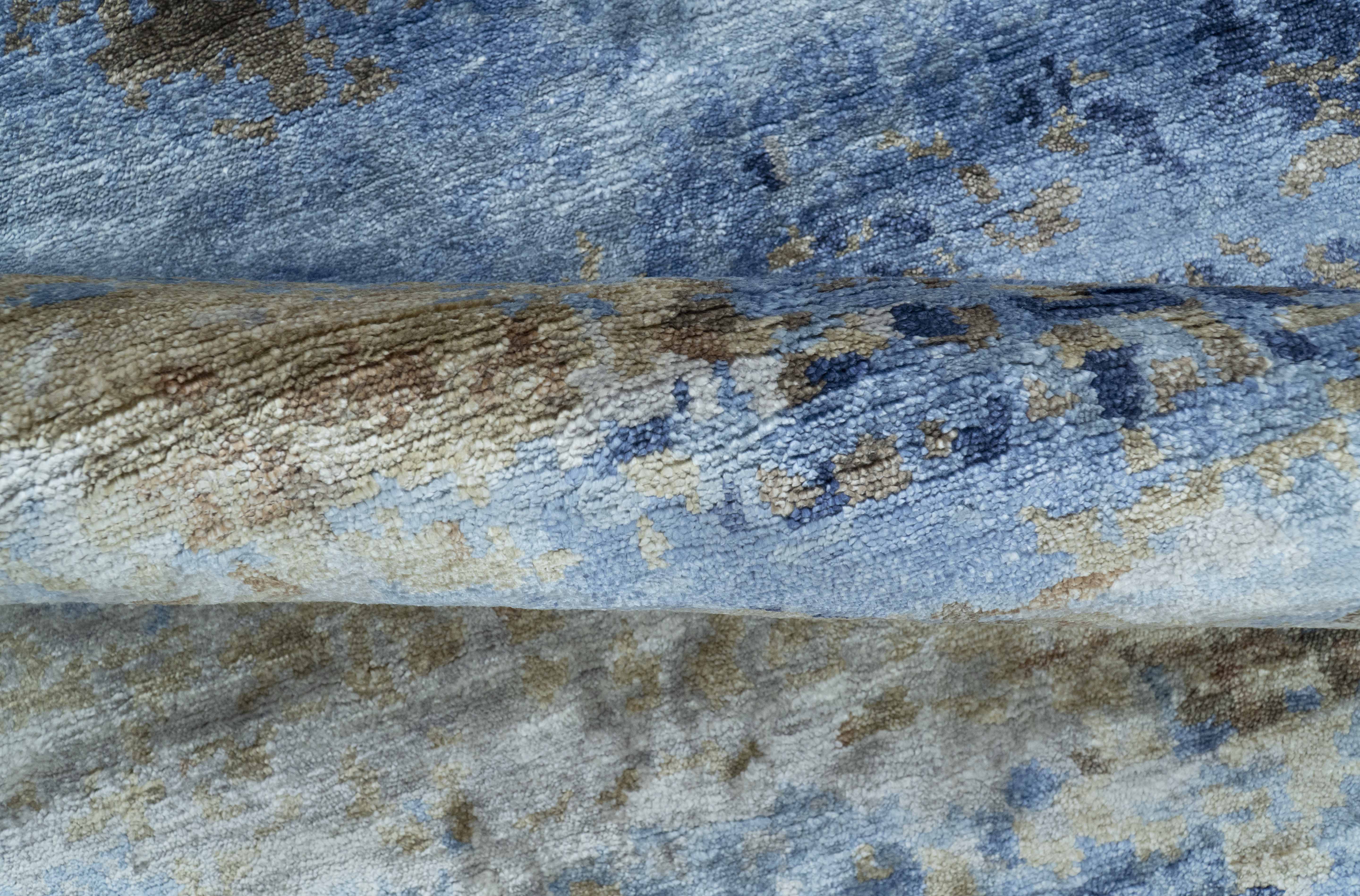 Modern Abstract Blue And Beige 4x6 Hand Knotted Bamboo Silk Rug - Image 3