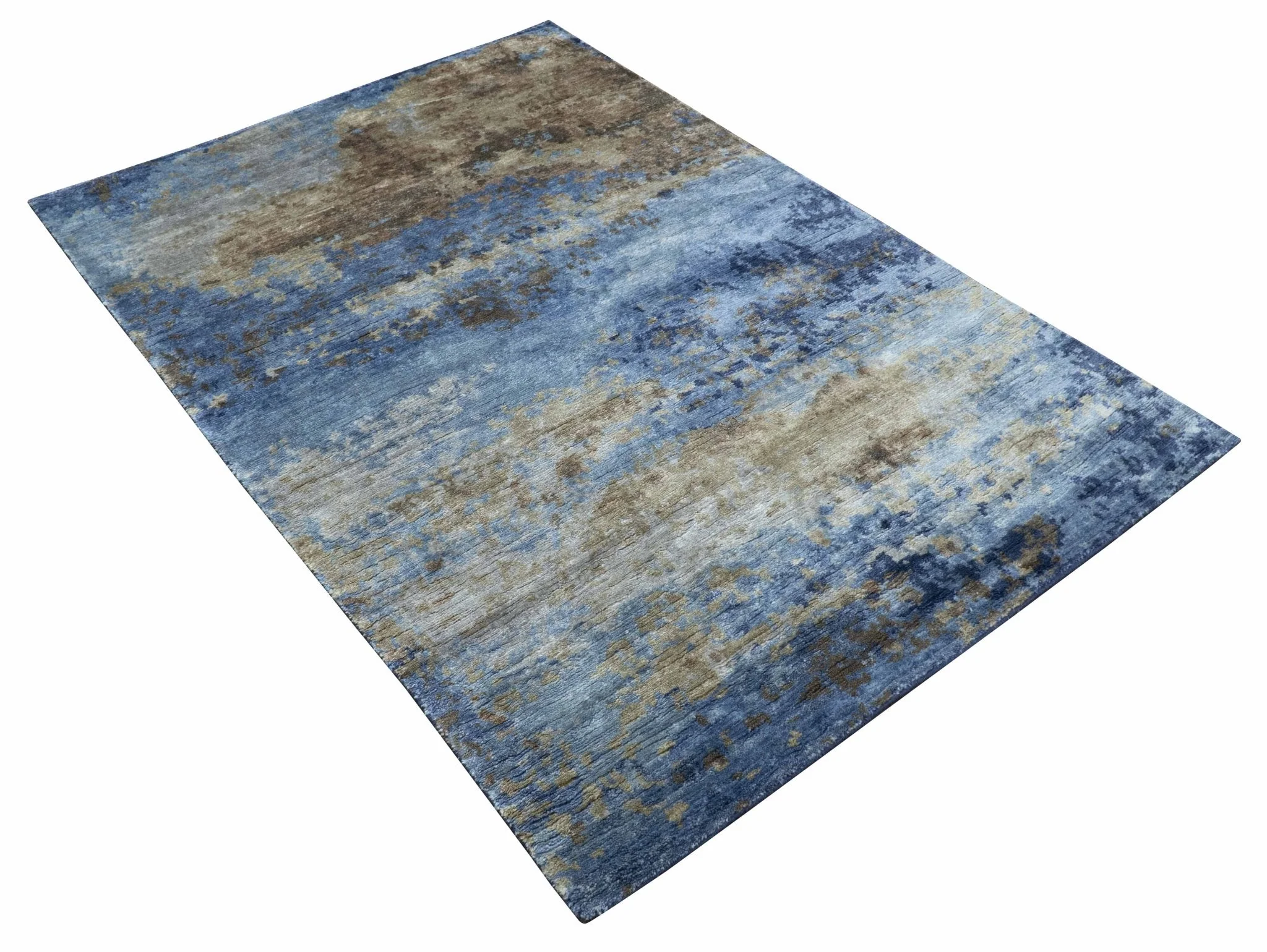 Modern Abstract Blue And Beige 4x6 Hand Knotted Bamboo Silk Rug - Image 4
