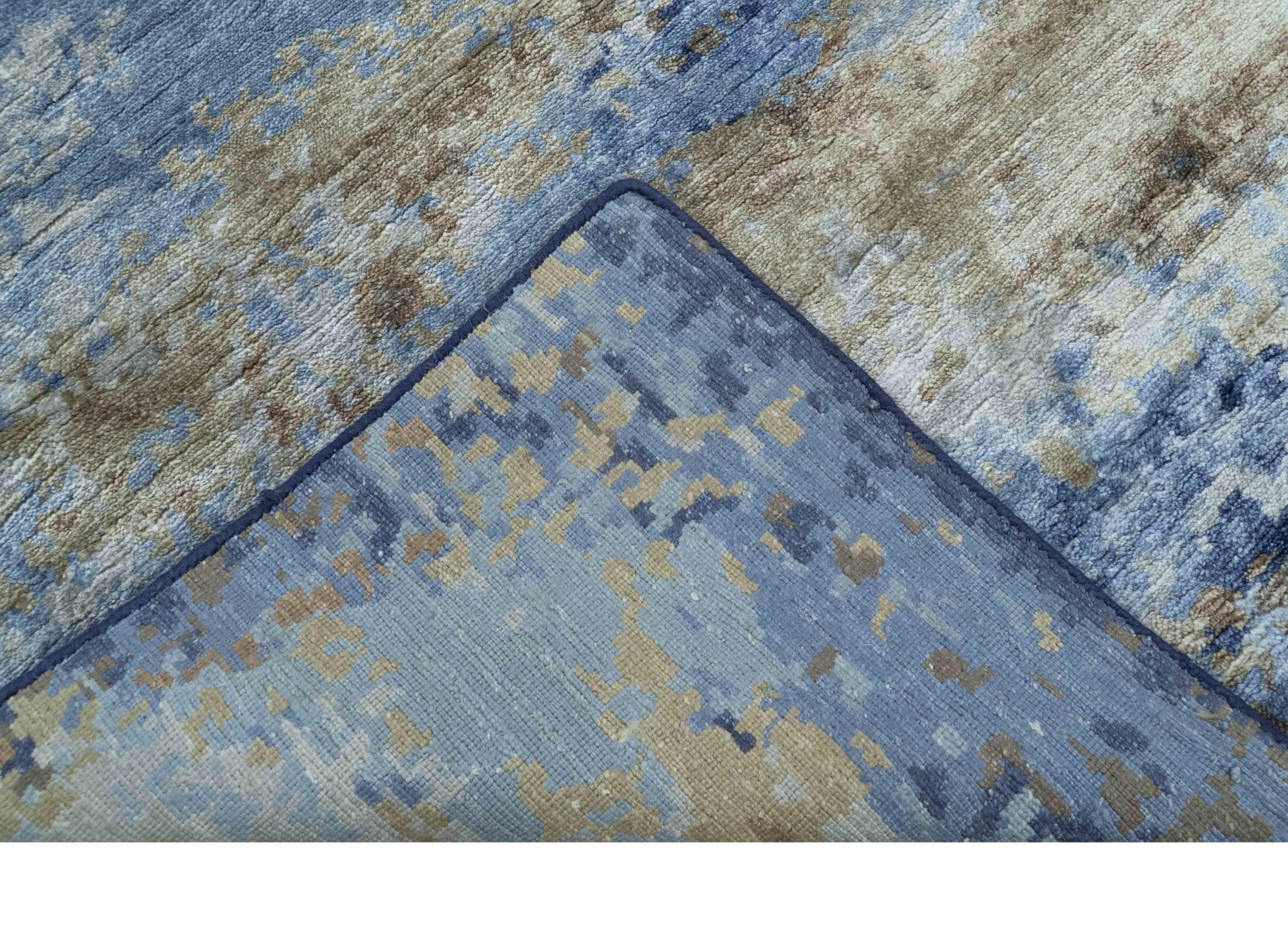 Modern Abstract Blue And Beige 4x6 Hand Knotted Bamboo Silk Rug - Image 7
