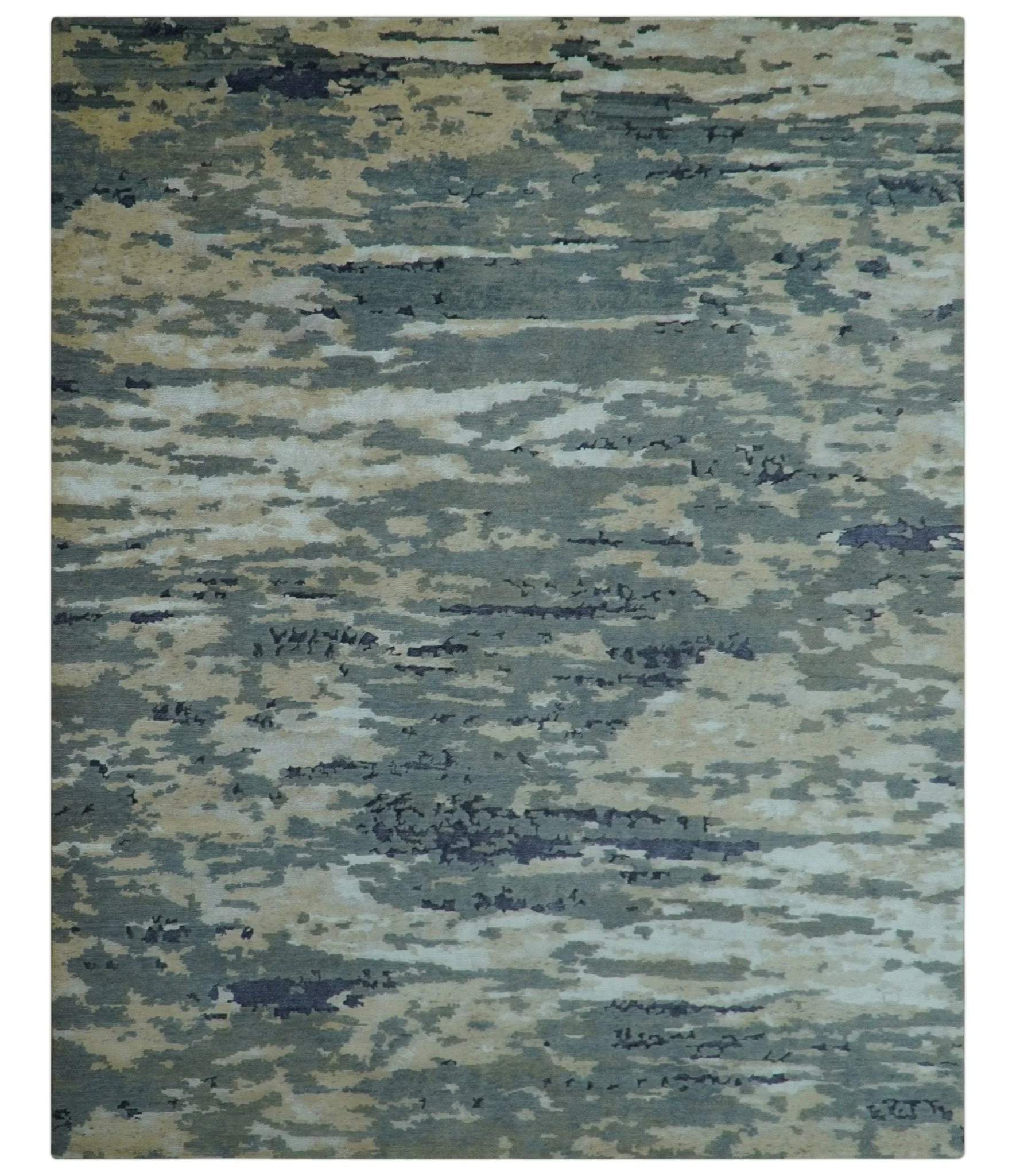 Modern Abstract Blue And Beige Hand Knotted 8x10 Wool And Bamboo Silk Rug