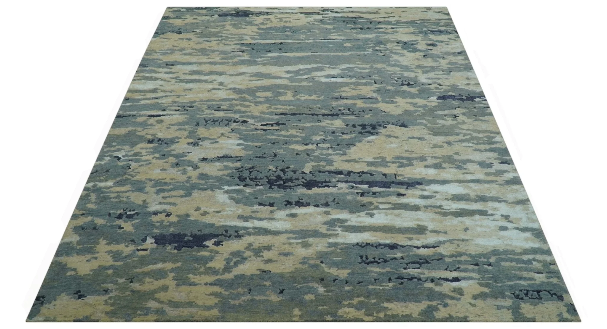 Modern Abstract Blue And Beige Hand Knotted 8x10 Wool And Bamboo Silk Rug - Image 11