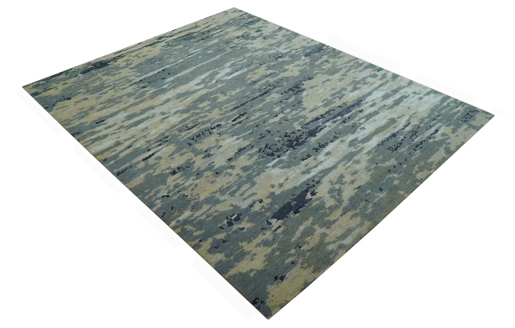 Modern Abstract Blue And Beige Hand Knotted 8x10 Wool And Bamboo Silk Rug - Image 12