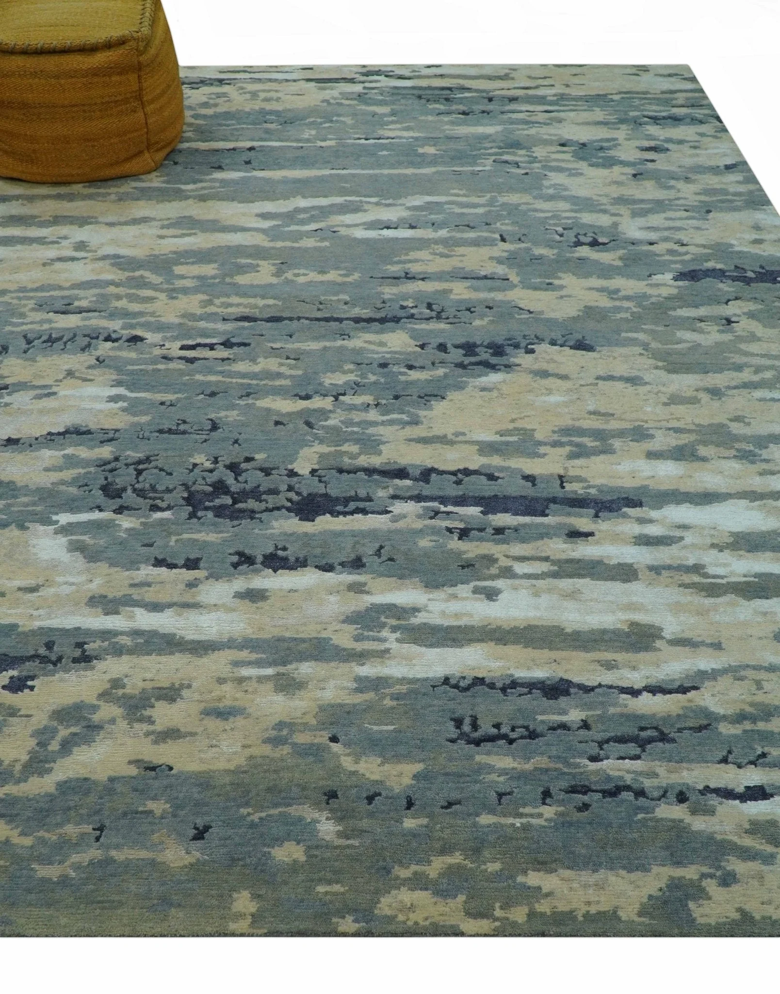 Modern Abstract Blue And Beige Hand Knotted 8x10 Wool And Bamboo Silk Rug - Image 4