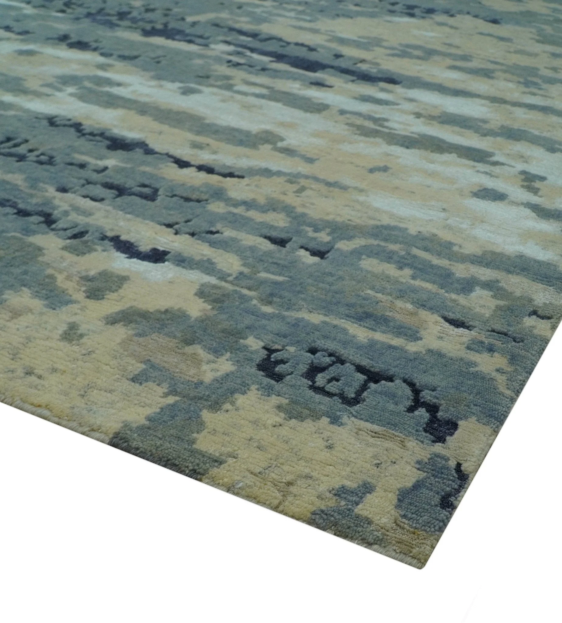 Modern Abstract Blue And Beige Hand Knotted 8x10 Wool And Bamboo Silk Rug - Image 7