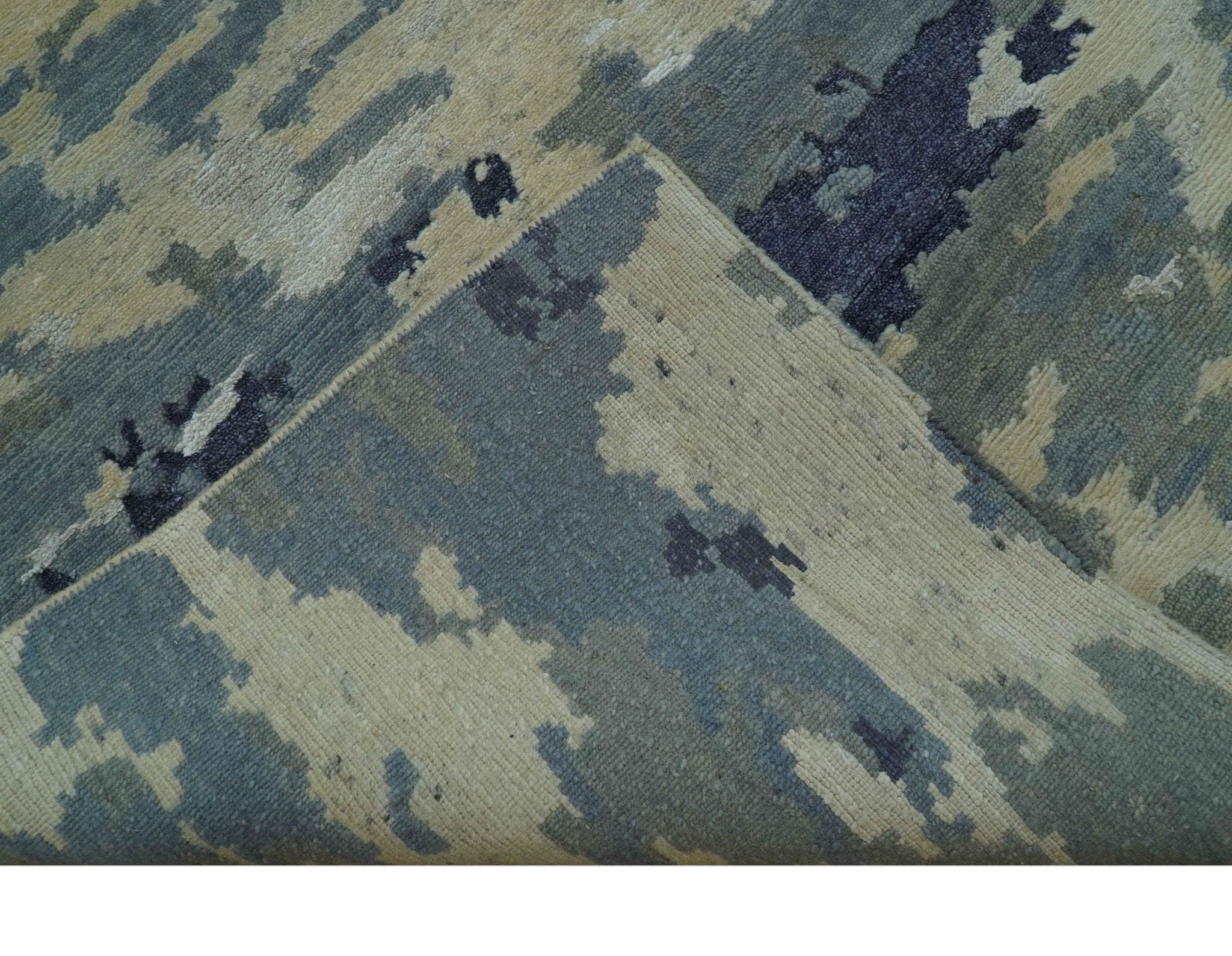 Modern Abstract Blue And Beige Hand Knotted 8x10 Wool And Bamboo Silk Rug - Image 8