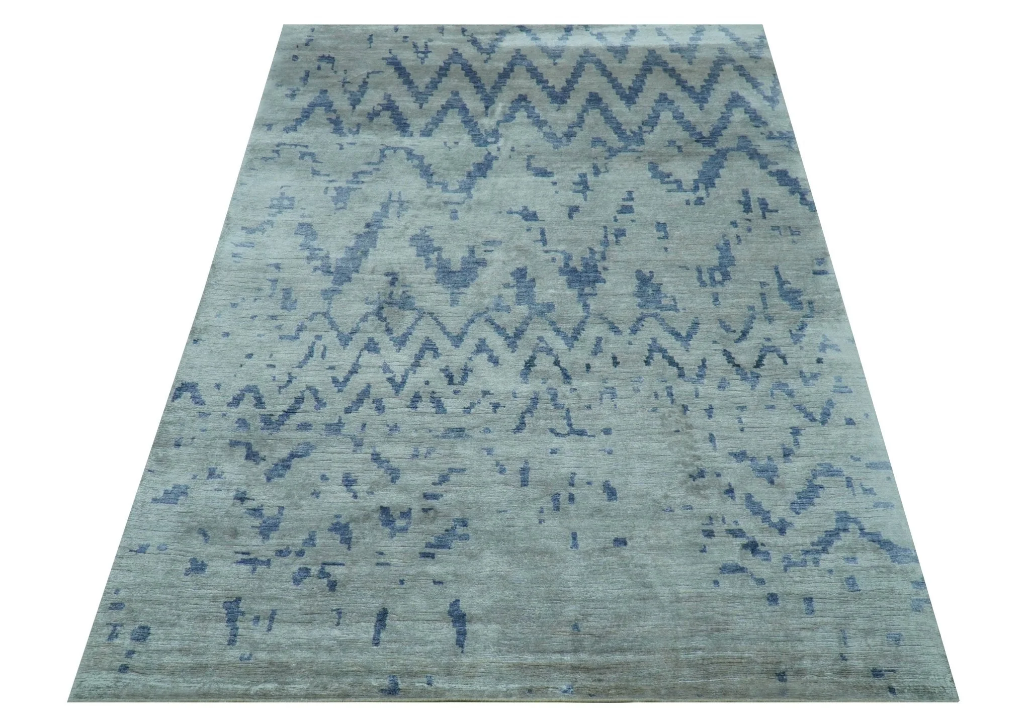 Modern Abstract Blue And Gray Hand Knotted 6x9 Bamboo Silk Area Rug - Image 11