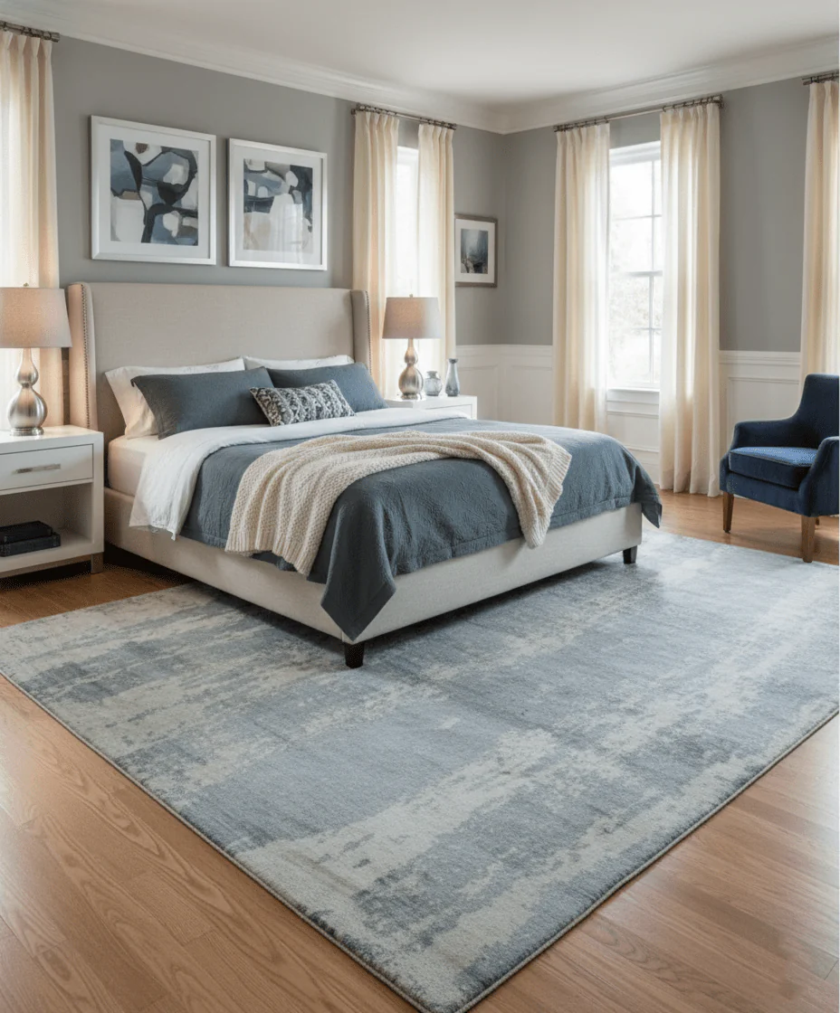 Modern Abstract Blue And Ivory Hand Knotted Wool Area Rug - Image 2